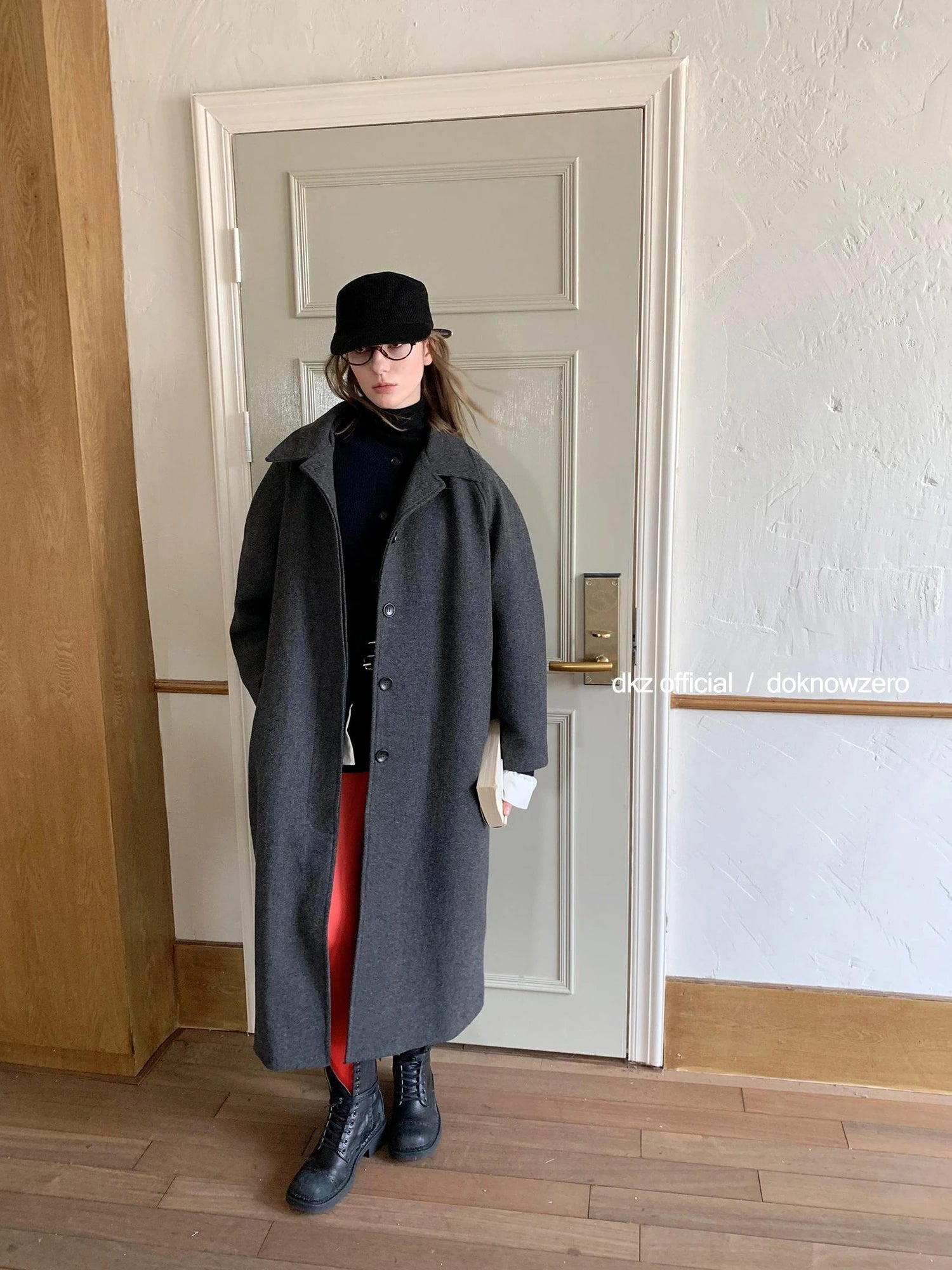 DKZ OFFICIAL Long Grey Wool Blend Coat For Women Relaxed Vintage Collar