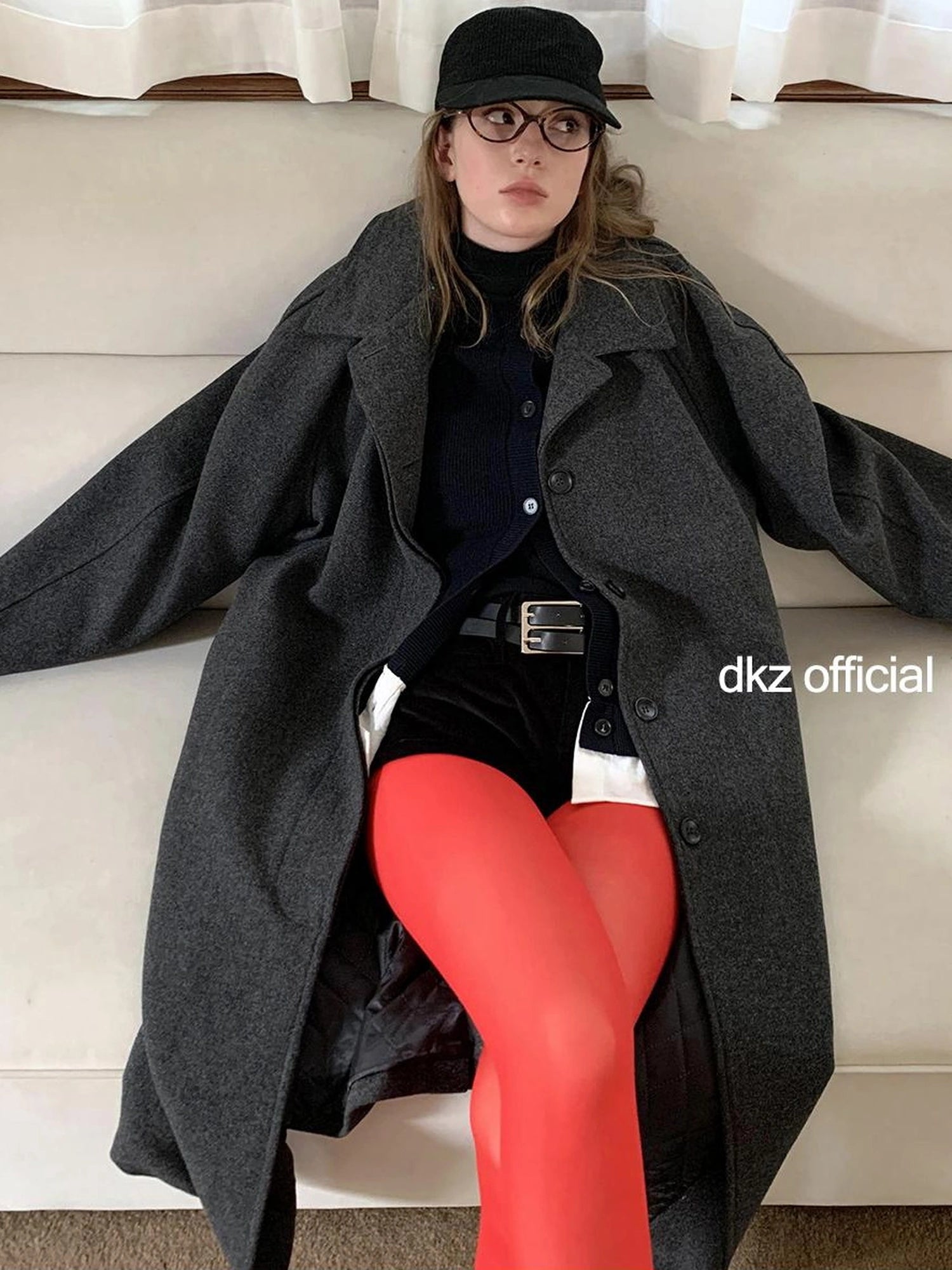 DKZ OFFICIAL Long Grey Wool Blend Coat For Women Relaxed Vintage Collar