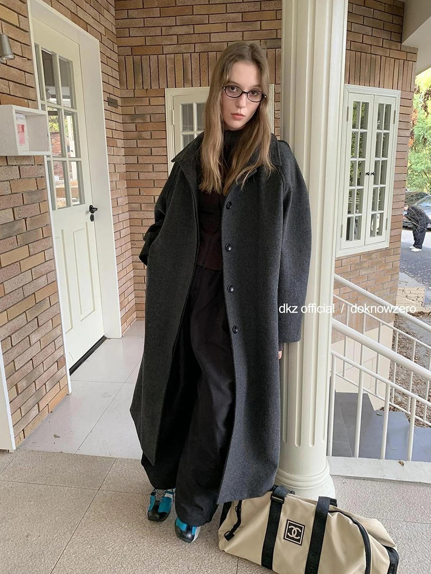 DKZ OFFICIAL Long Grey Wool Blend Coat For Women Relaxed Vintage Collar