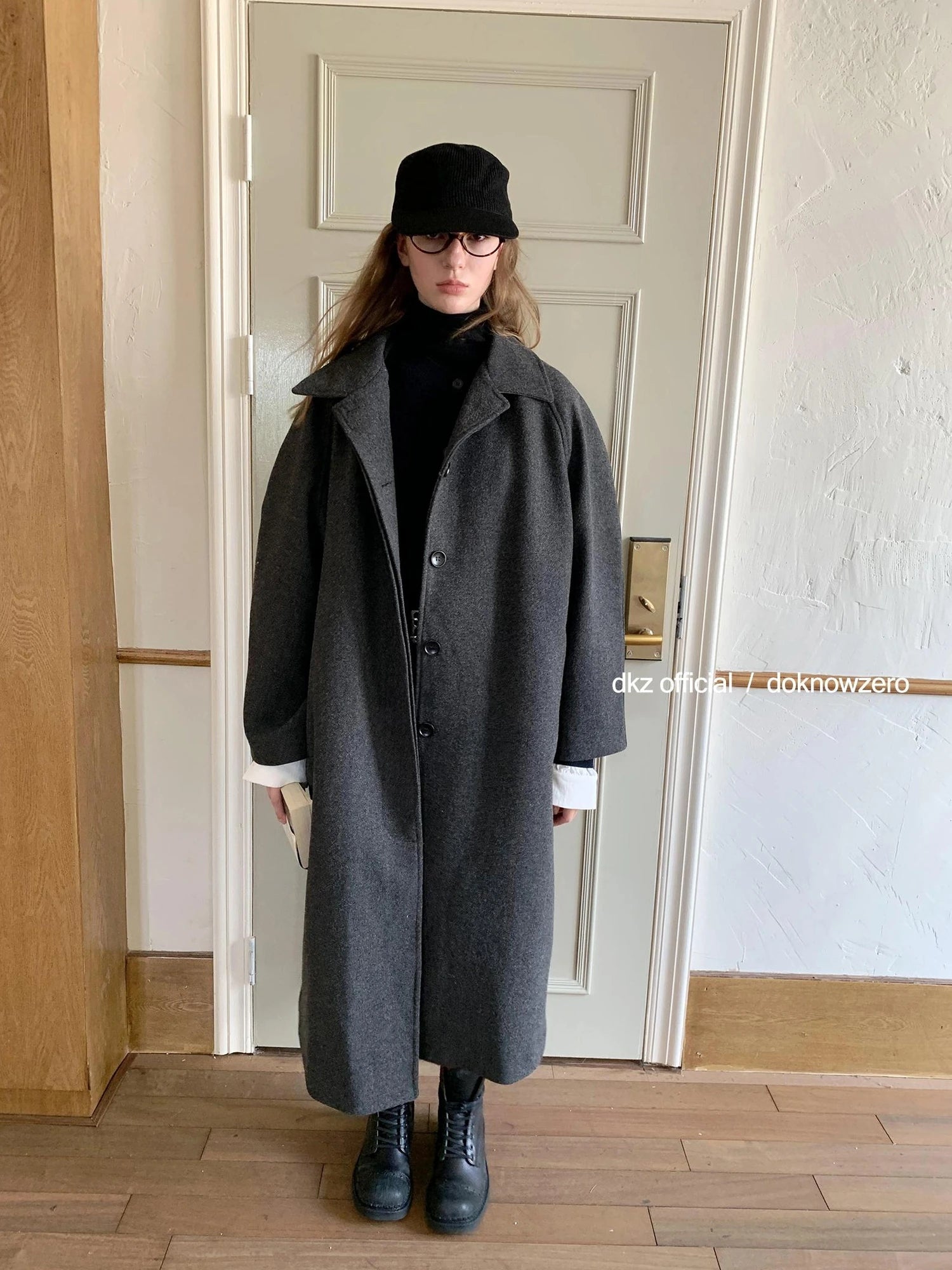 DKZ OFFICIAL Long Grey Wool Blend Coat For Women Relaxed Vintage Collar