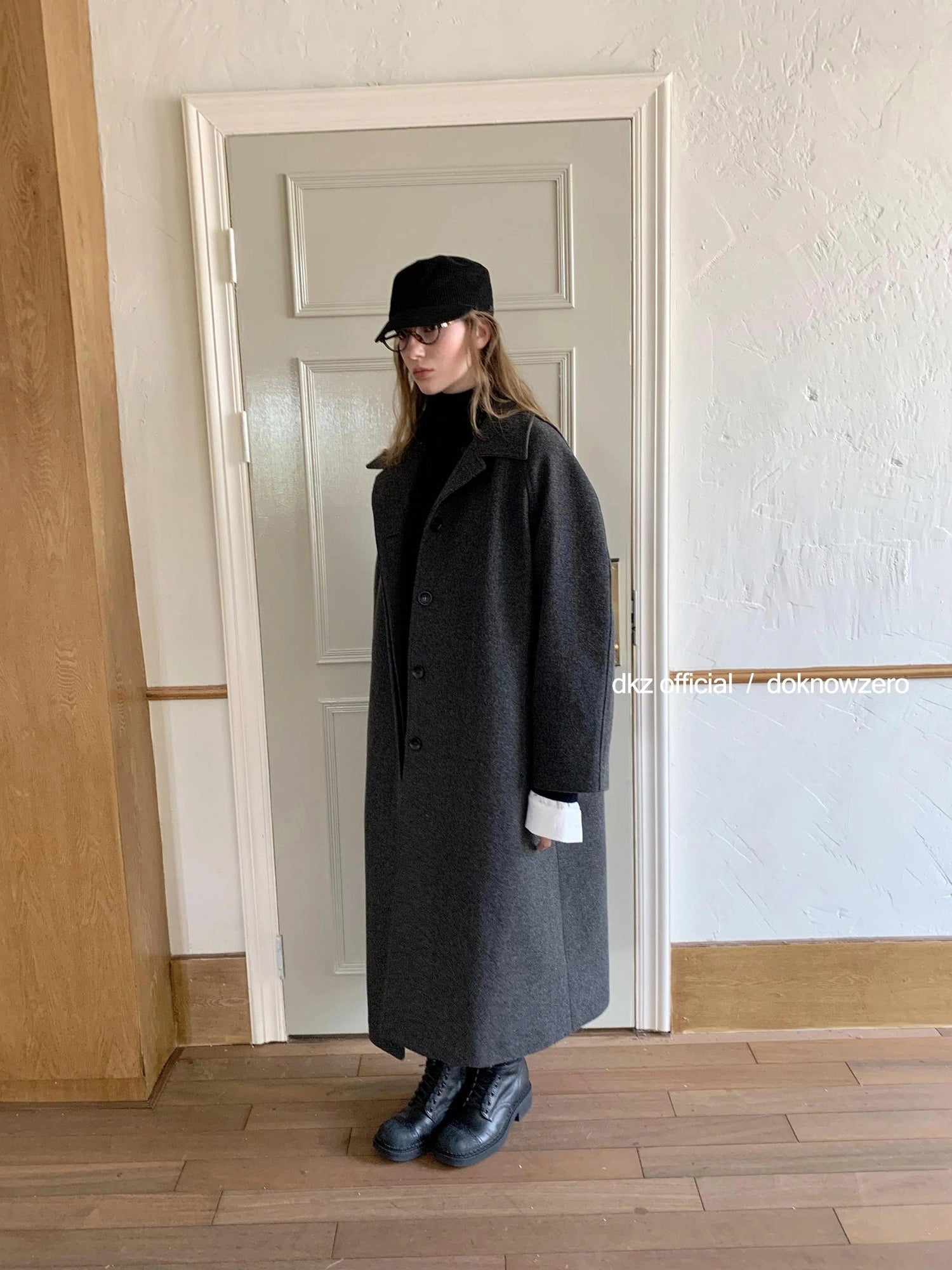 DKZ OFFICIAL Long Grey Wool Blend Coat For Women Relaxed Vintage Collar