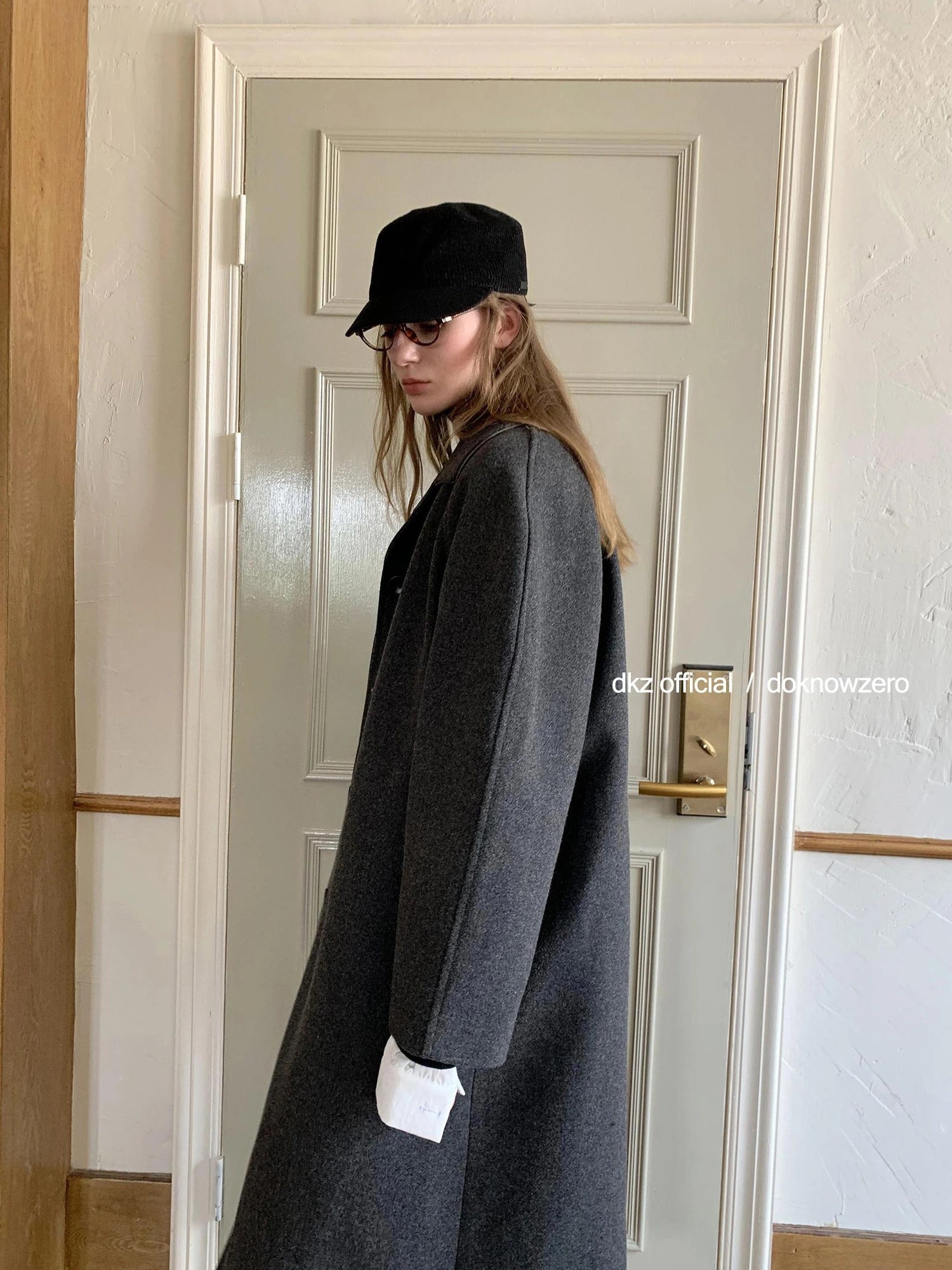 DKZ OFFICIAL Long Grey Wool Blend Coat For Women Relaxed Vintage Collar