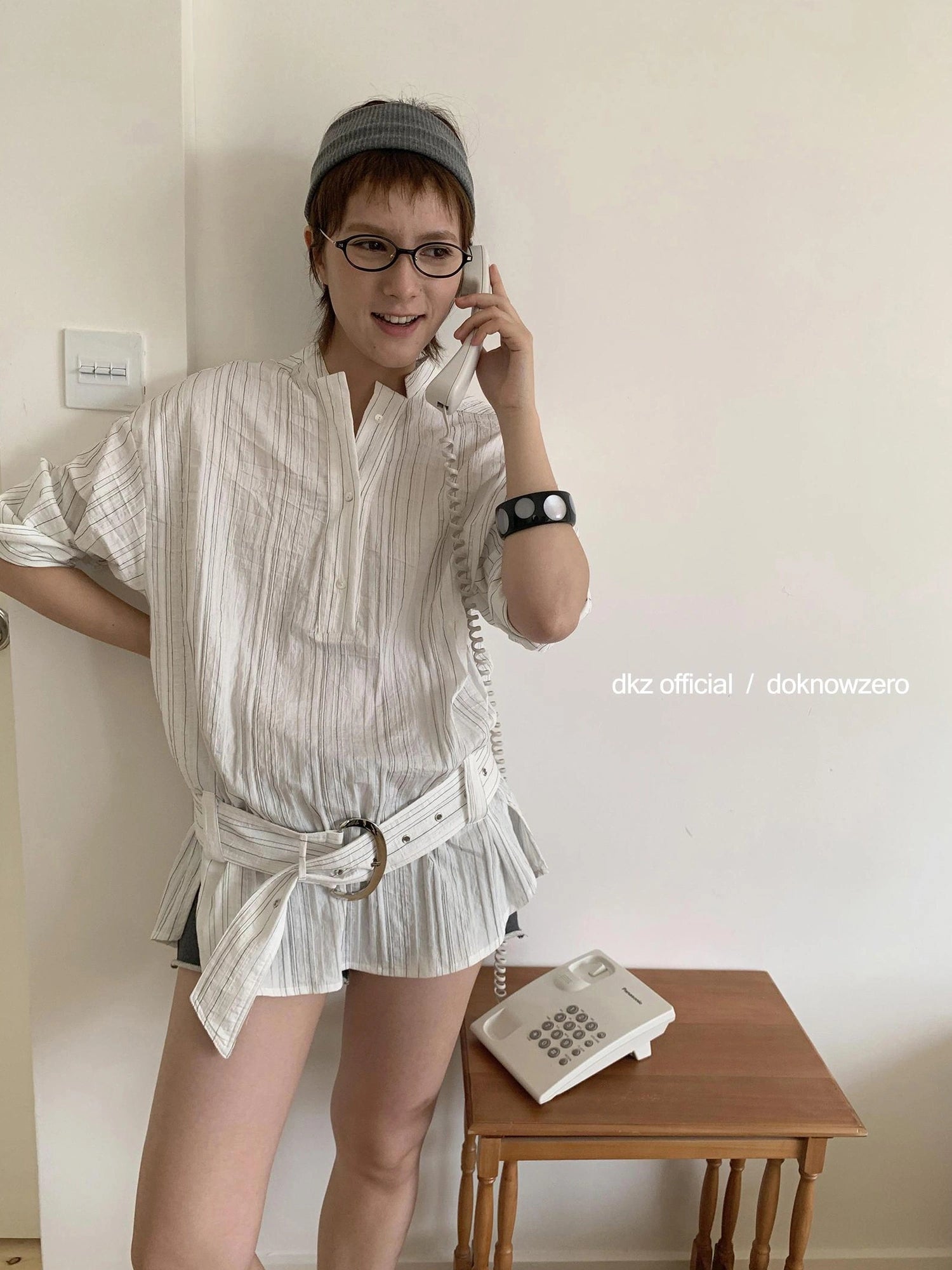 DKZ OFFICIAL Long Sleeve Striped Shirt With Belt Loose Fit Mid Length Spring Top