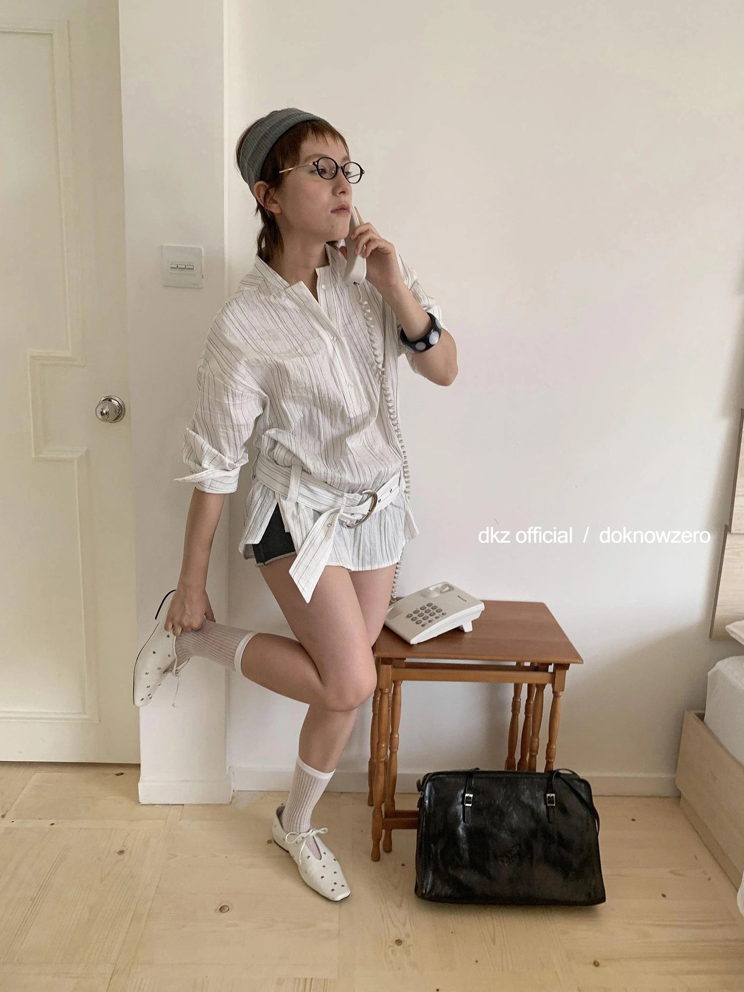 DKZ OFFICIAL Long Sleeve Striped Shirt With Belt Loose Fit Mid Length Spring Top