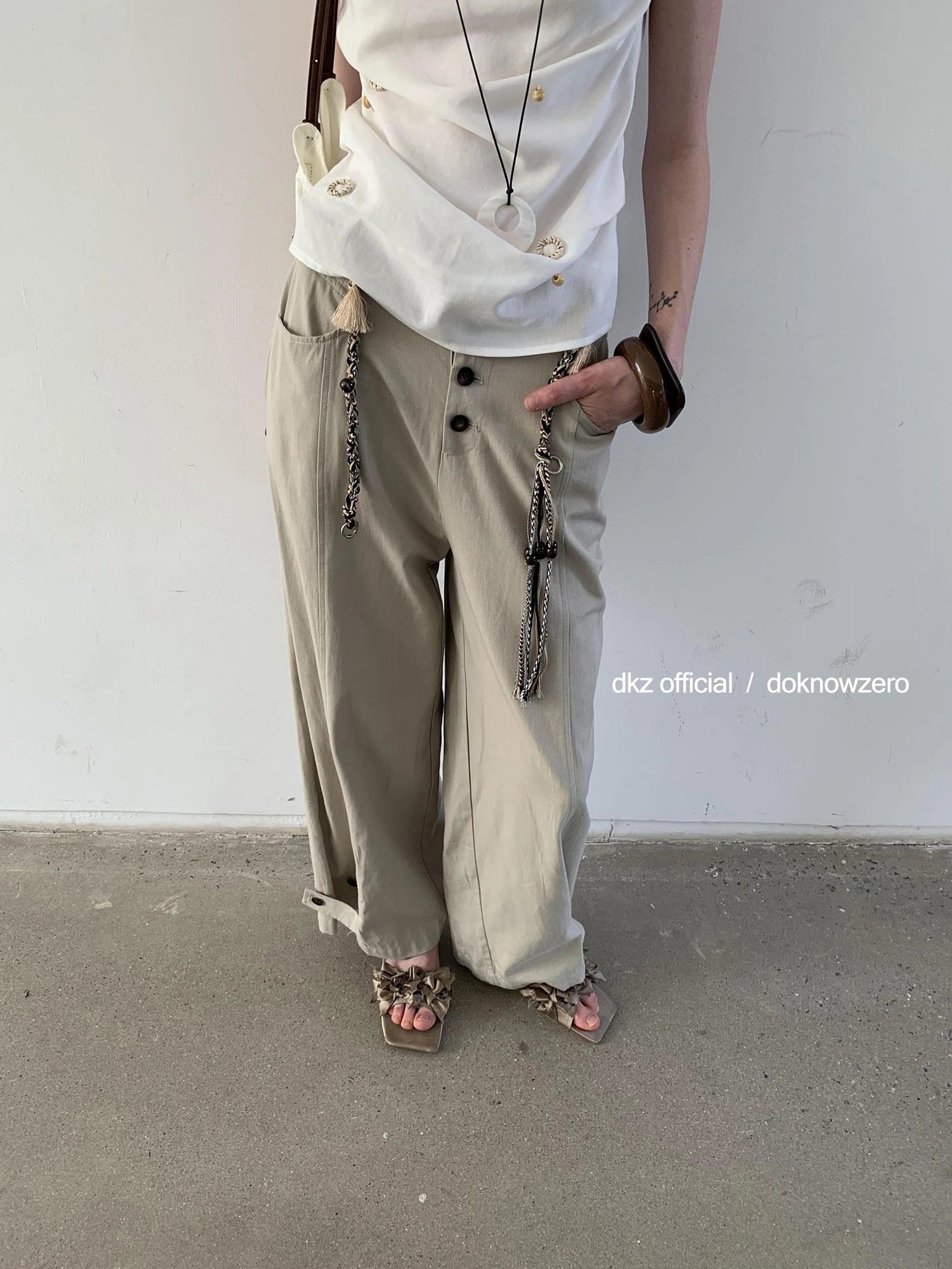 DKZ OFFICIAL Low Waist Drapey Wide Leg Linen Blend Trousers