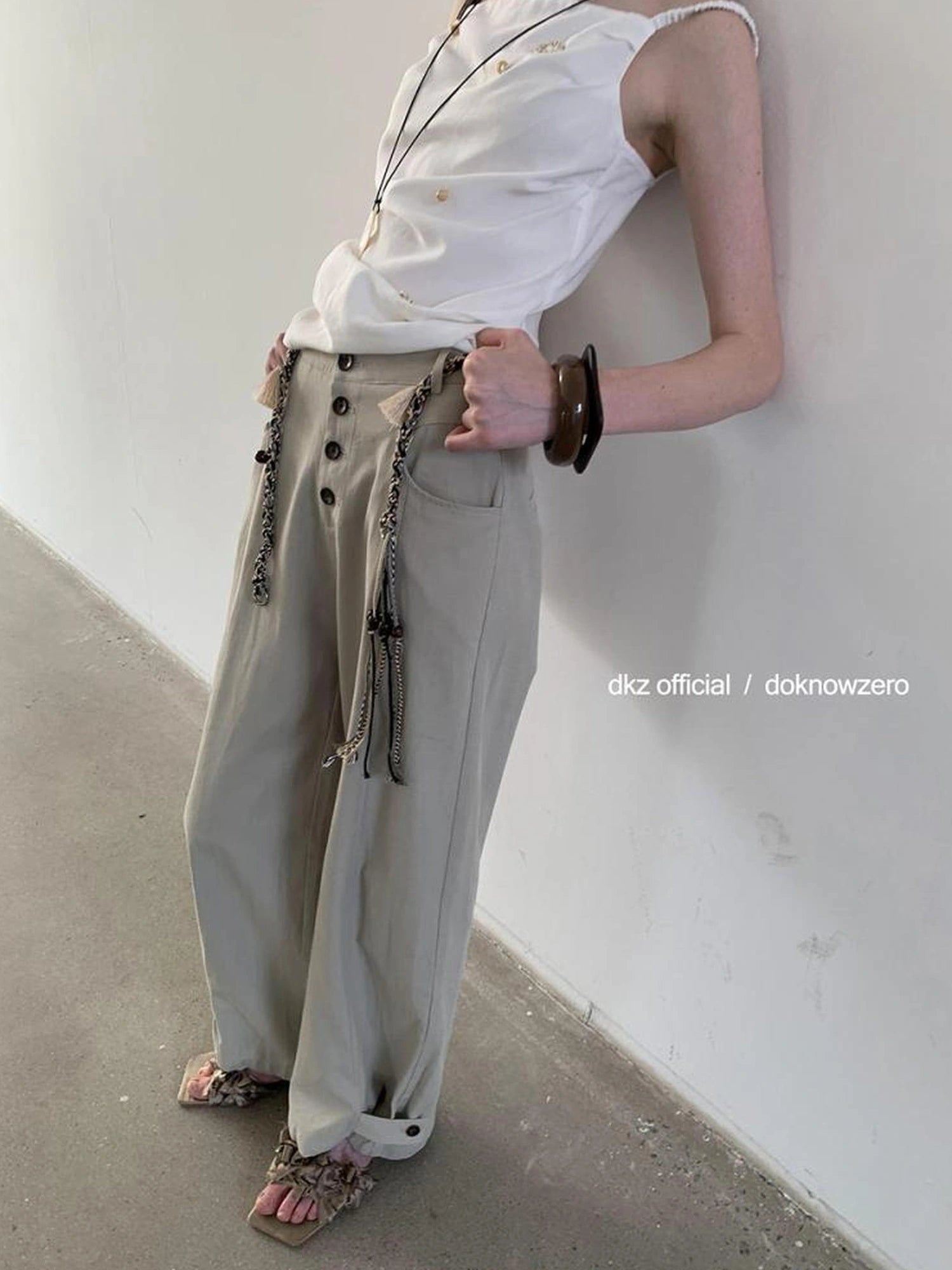 DKZ OFFICIAL Low Waist Drapey Wide Leg Linen Blend Trousers
