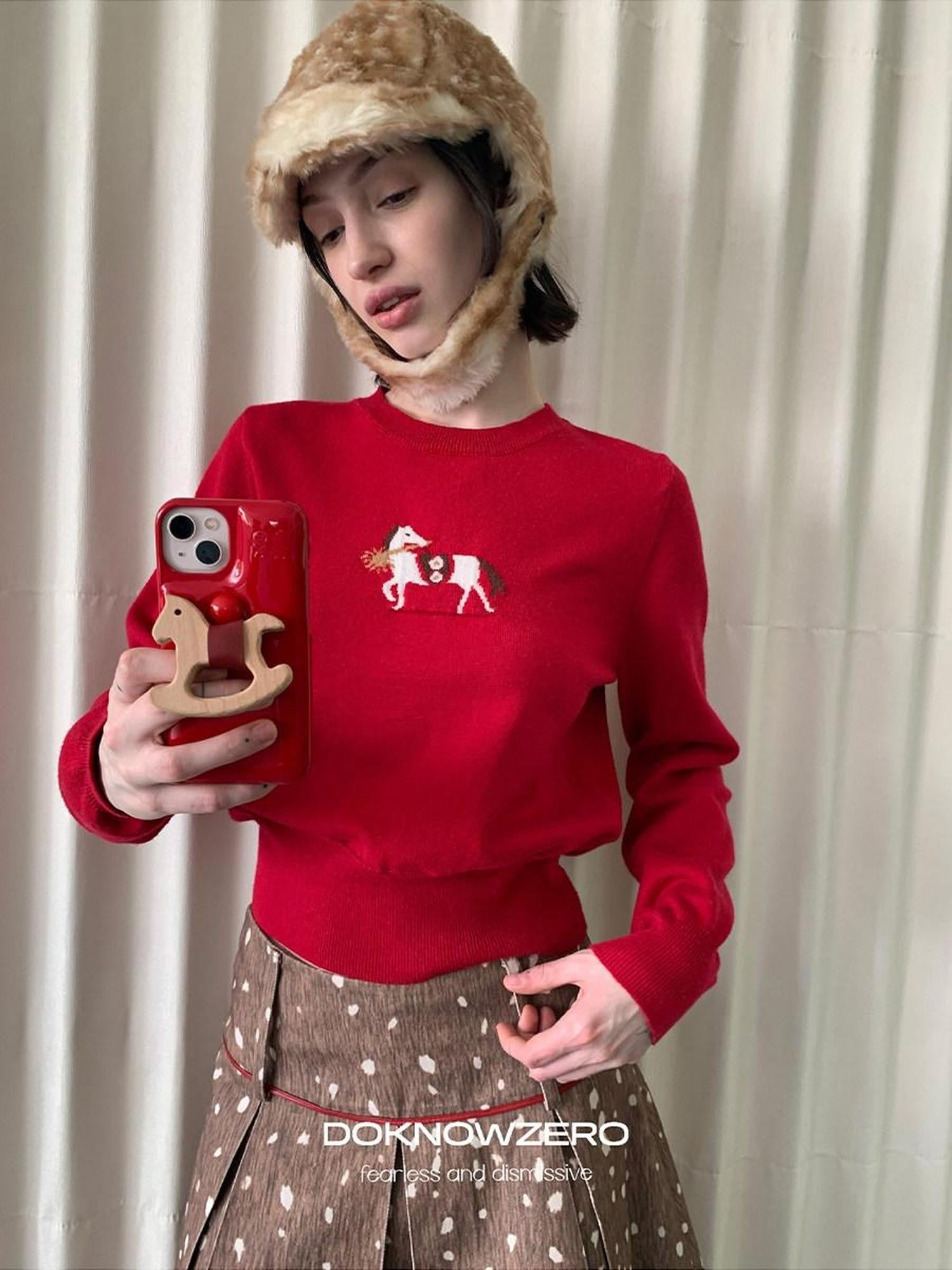 DKZ OFFICIAL Lucky Pony Jacquard Crewneck Long Sleeve Women&