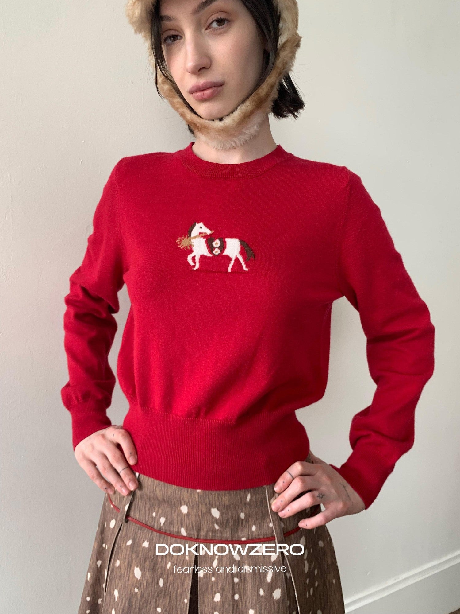 DKZ OFFICIAL Lucky Pony Jacquard Crewneck Long Sleeve Women&