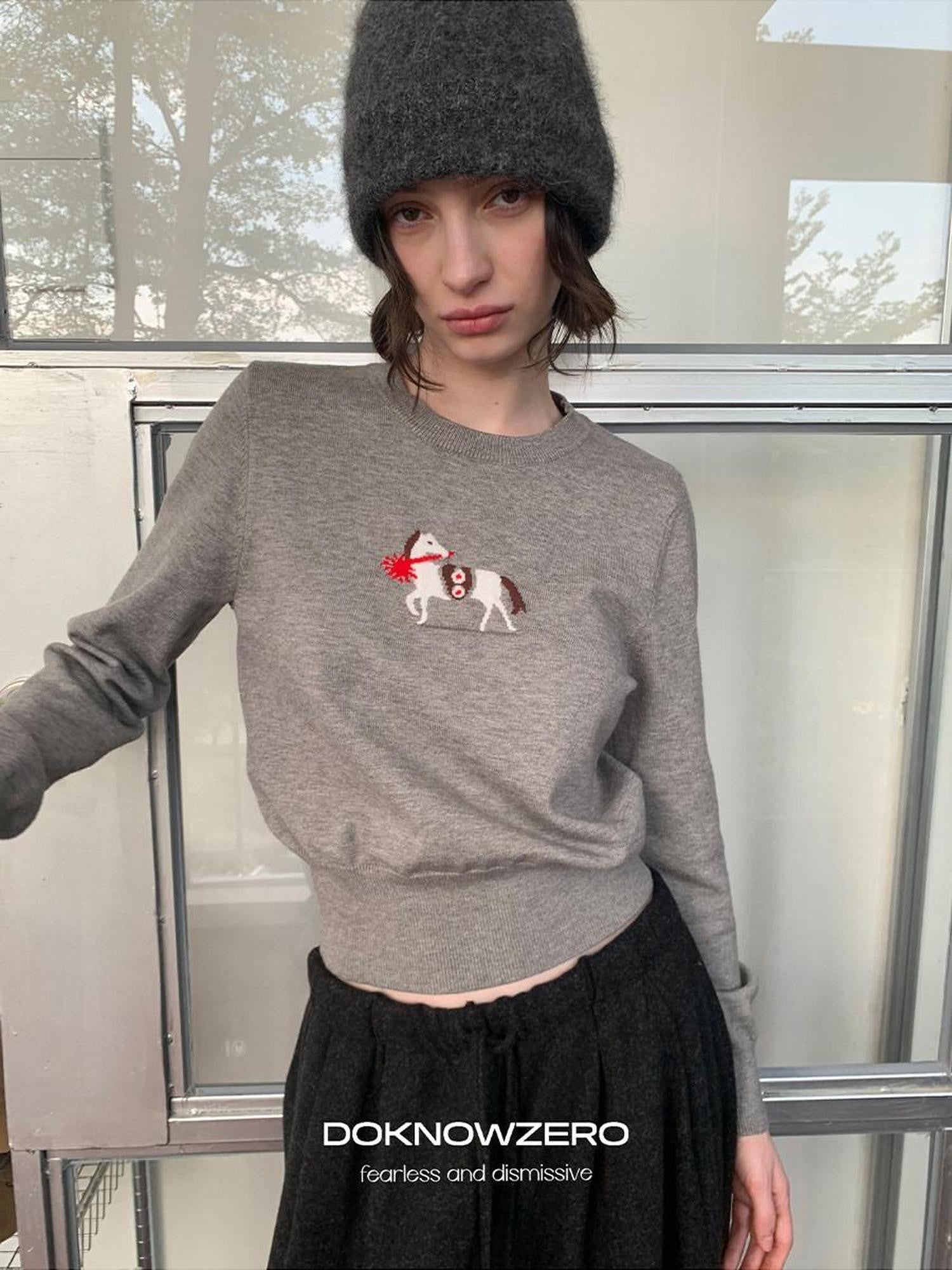DKZ OFFICIAL Lucky Pony Jacquard Crewneck Long Sleeve Women&