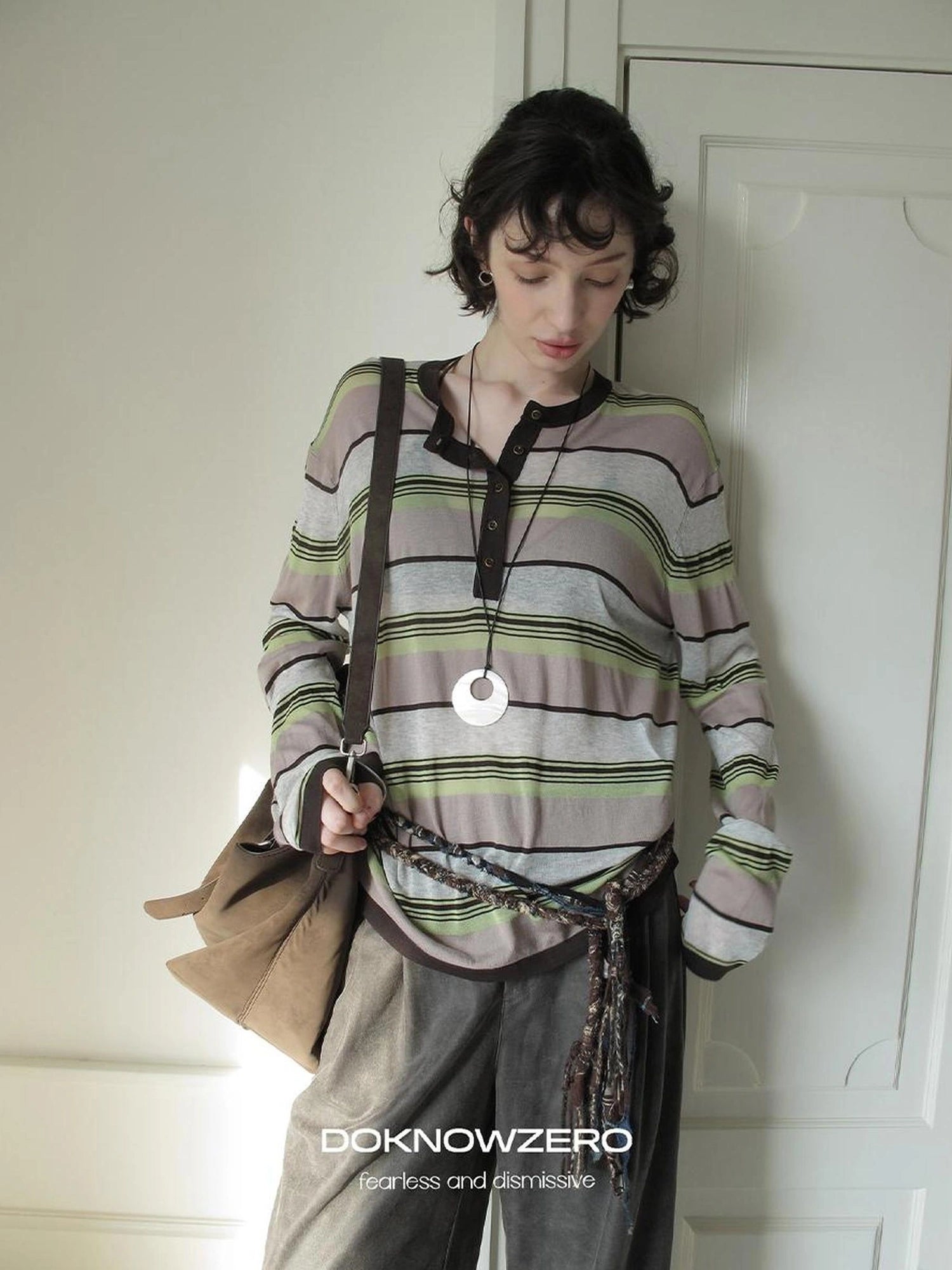 DKZ OFFICIAL Lycocell Blend Striped Henley Long Sleeve Tee