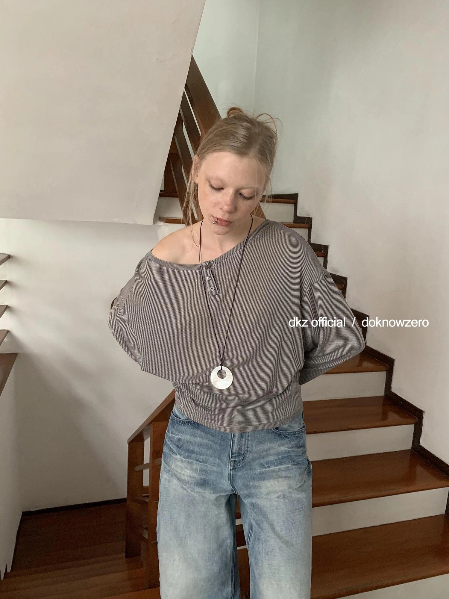 DKZ OFFICIAL Lyocell Wool Off Shoulder Striped Long Sleeve Top