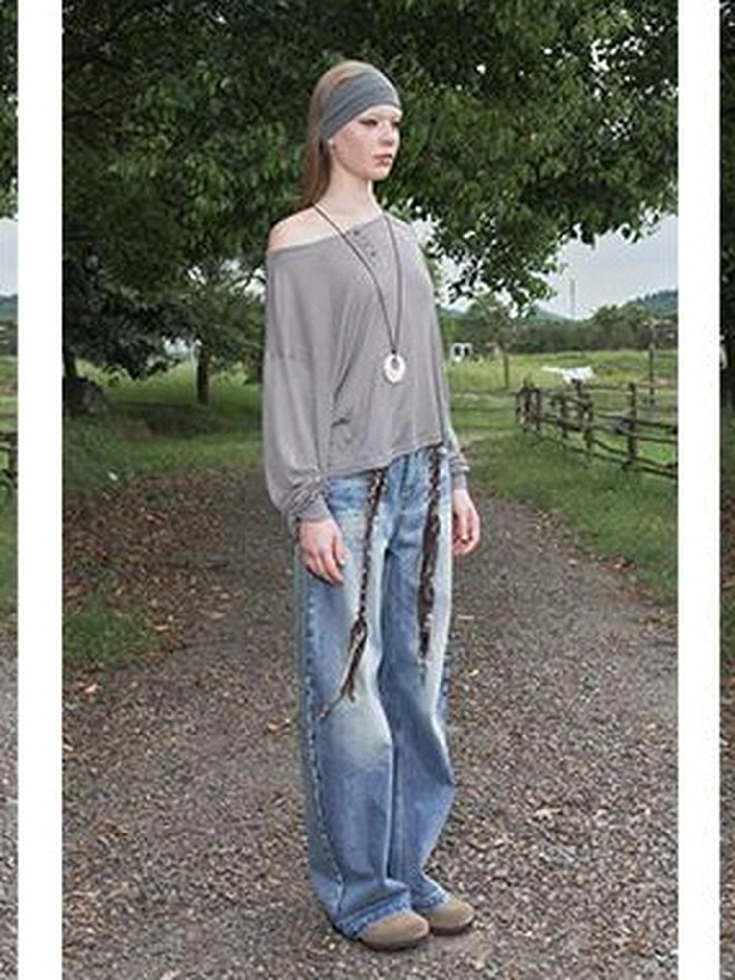 DKZ OFFICIAL Lyocell Wool Off Shoulder Striped Long Sleeve Top
