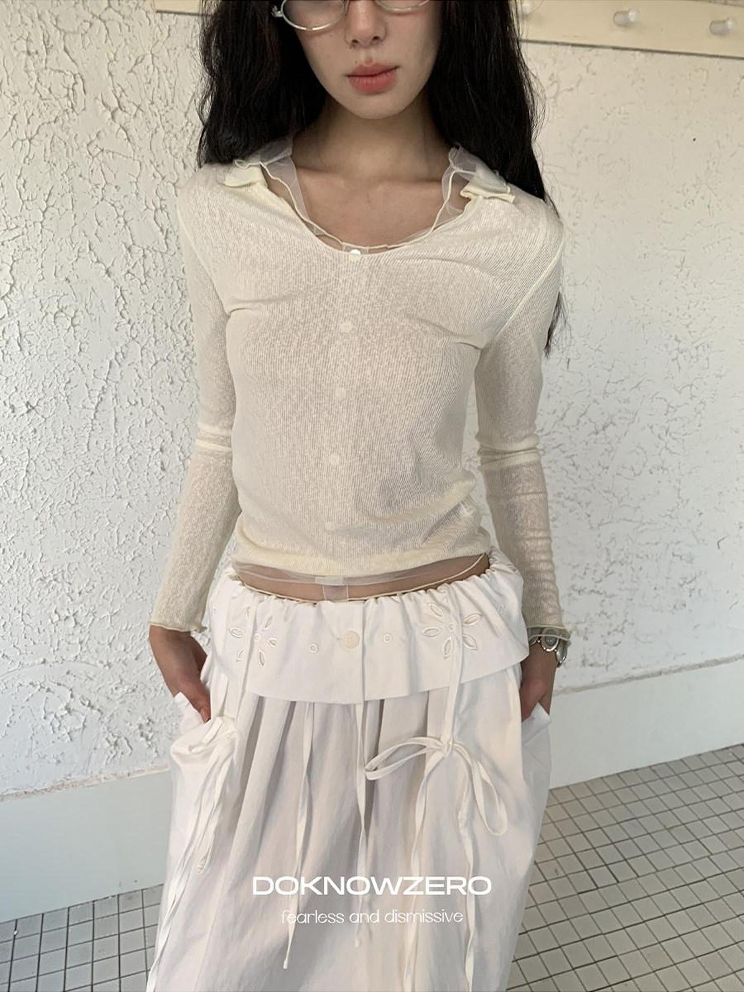 DKZ OFFICIAL Mesh V-neck Knit Hooded Two Piece Women&
