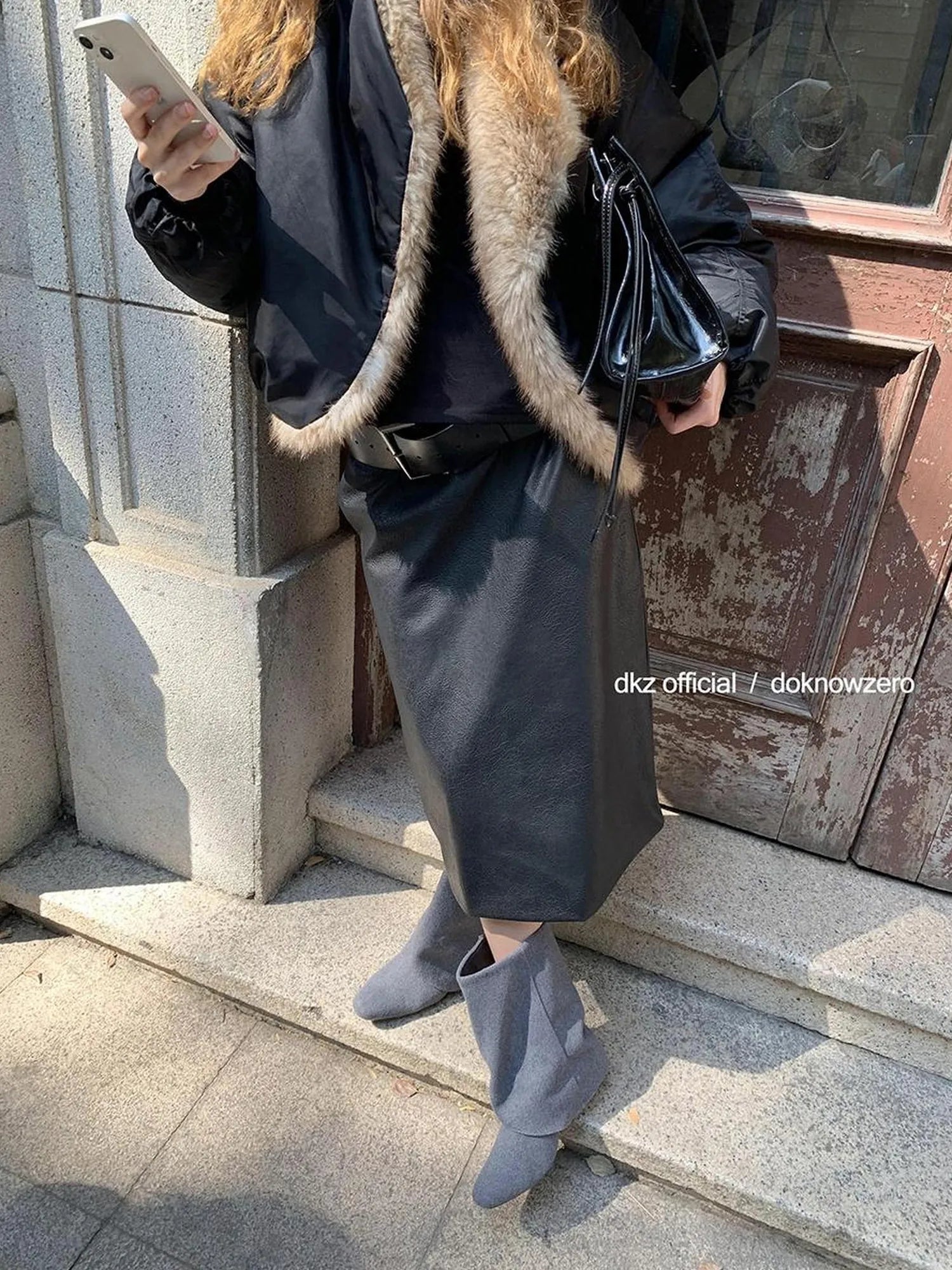 DKZ OFFICIAL Mid Length Black Pu Skirt With Cotton Lining