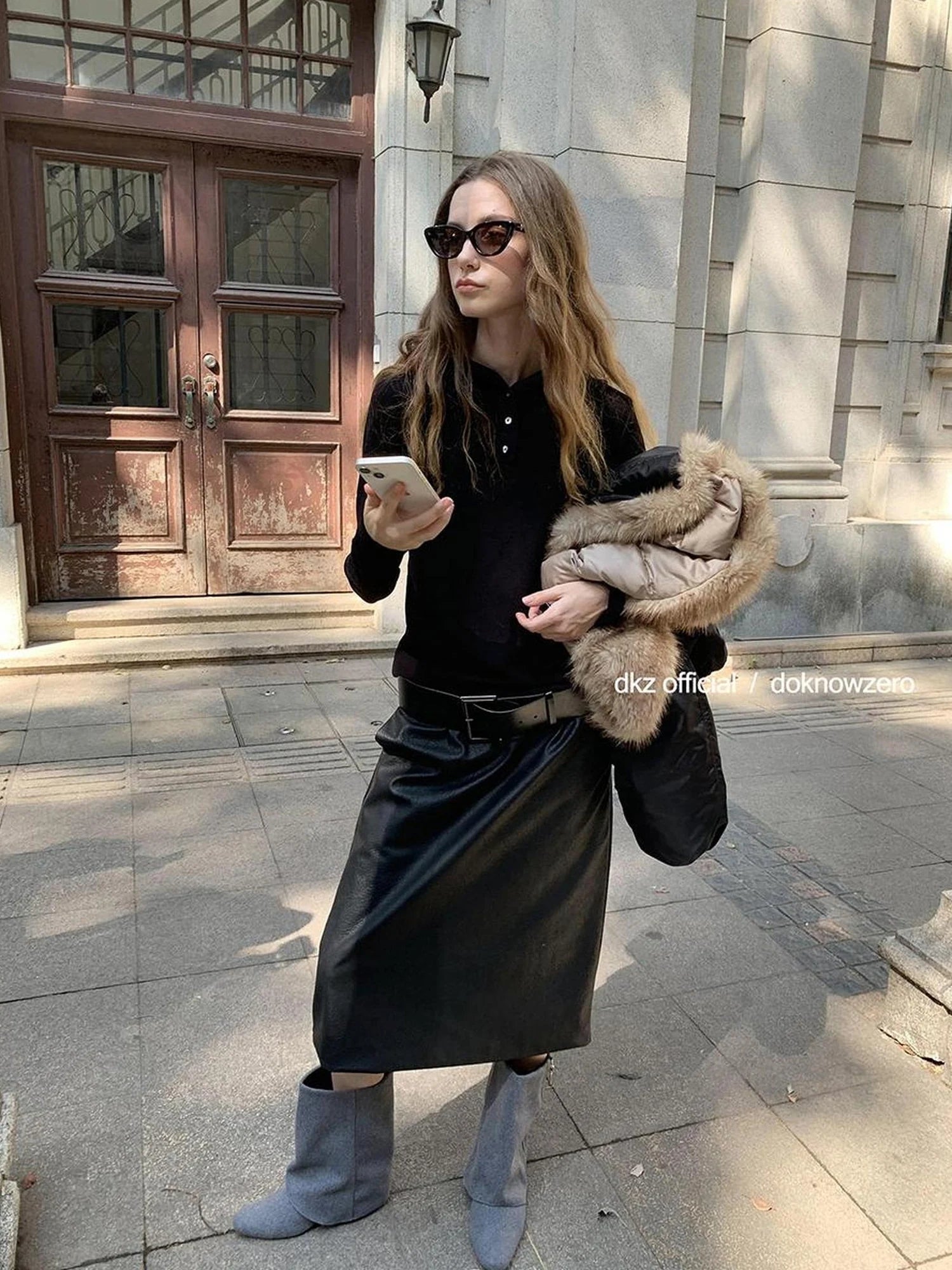 DKZ OFFICIAL Mid Length Black Pu Skirt With Cotton Lining