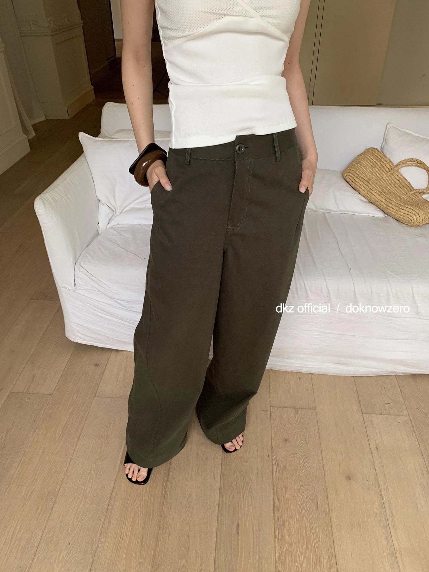 DKZ OFFICIAL Military Green Cargo Pants Women Summer Straight Leg Retro Trousers