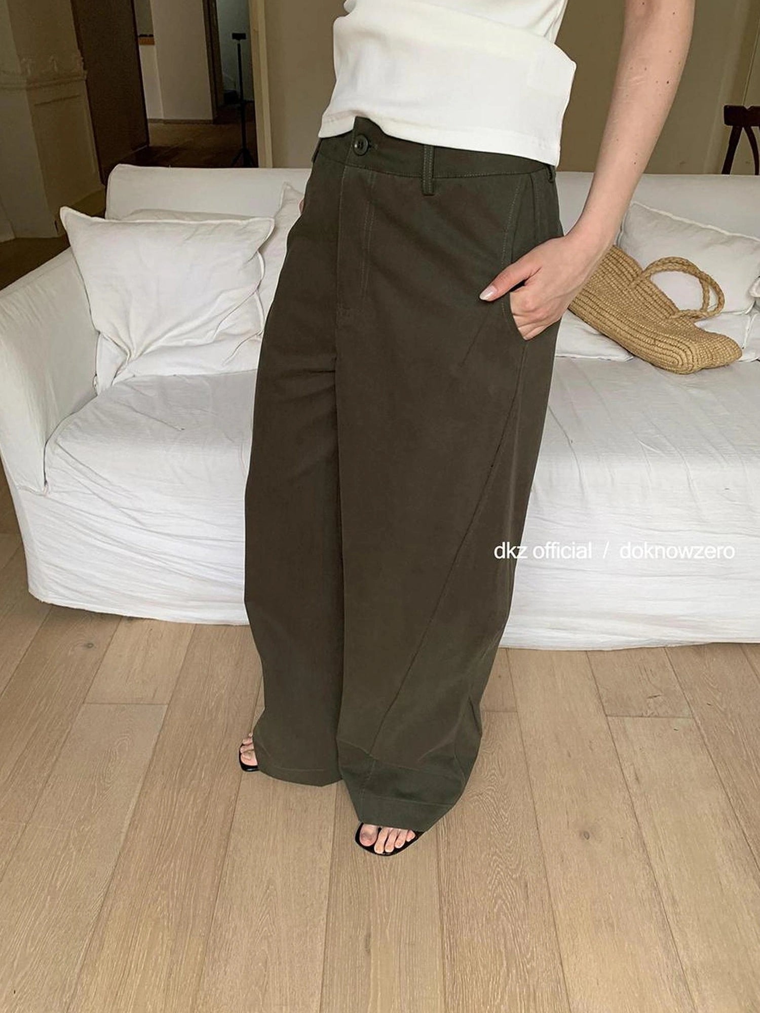 DKZ OFFICIAL Military Green Cargo Pants Women Summer Straight Leg Retro Trousers