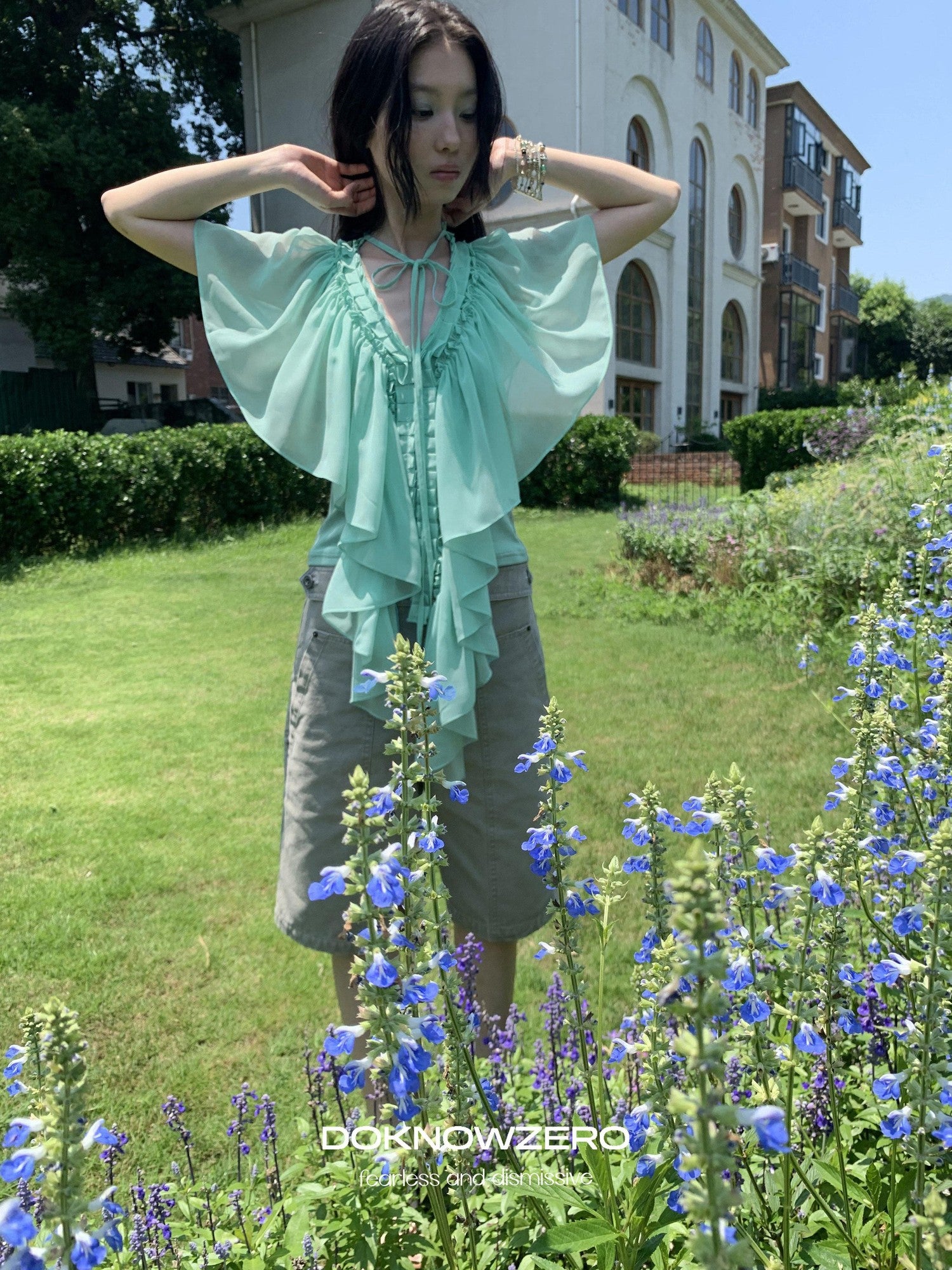 DKZ OFFICIAL Mint Green Ruffle Pleated V-neck Women&
