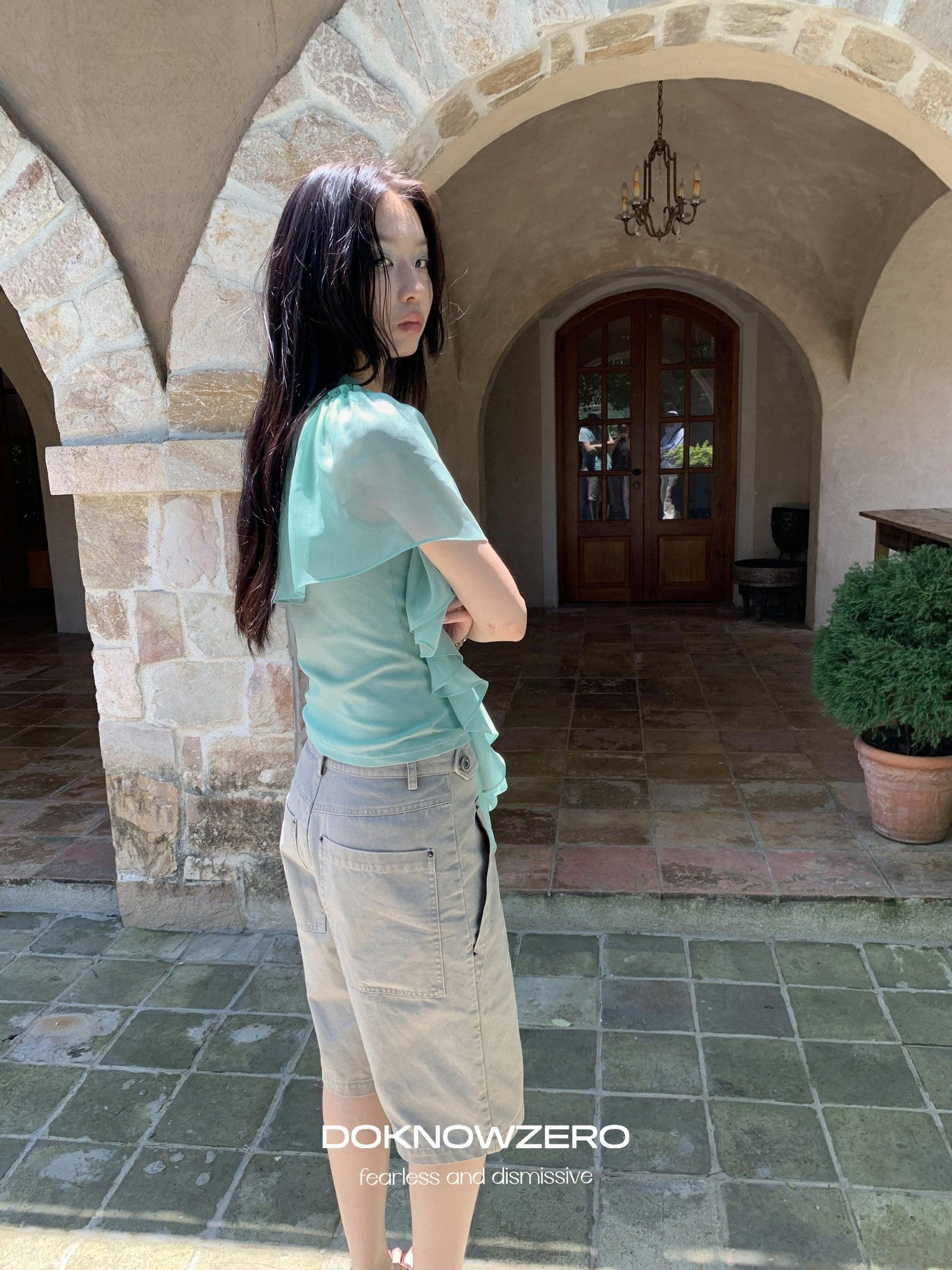 DKZ OFFICIAL Mint Green Ruffle Pleated V-neck Women&