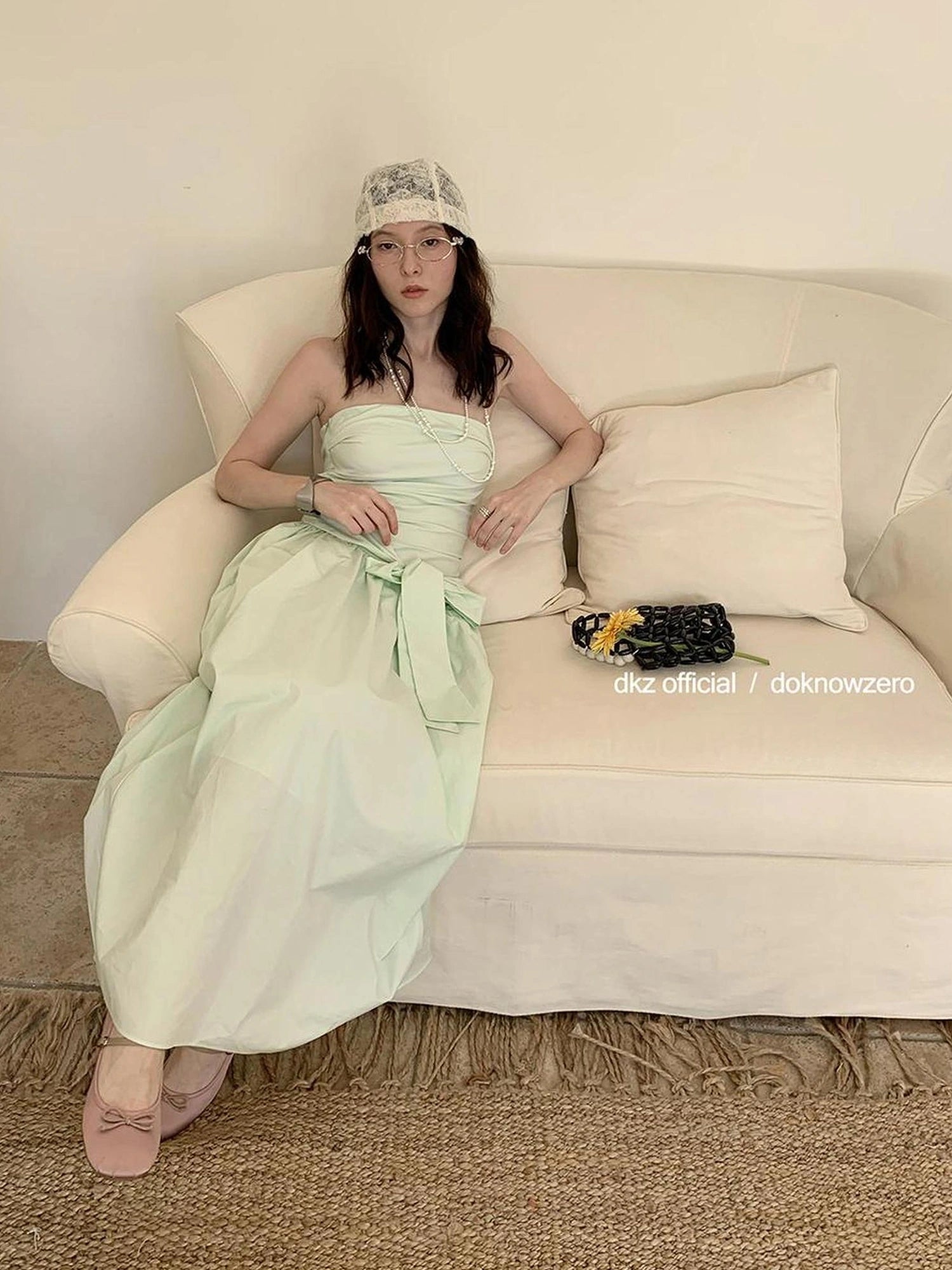 DKZ OFFICIAL Mint Wave Green Vacation Asymmetrical Ruffle Midi Dress