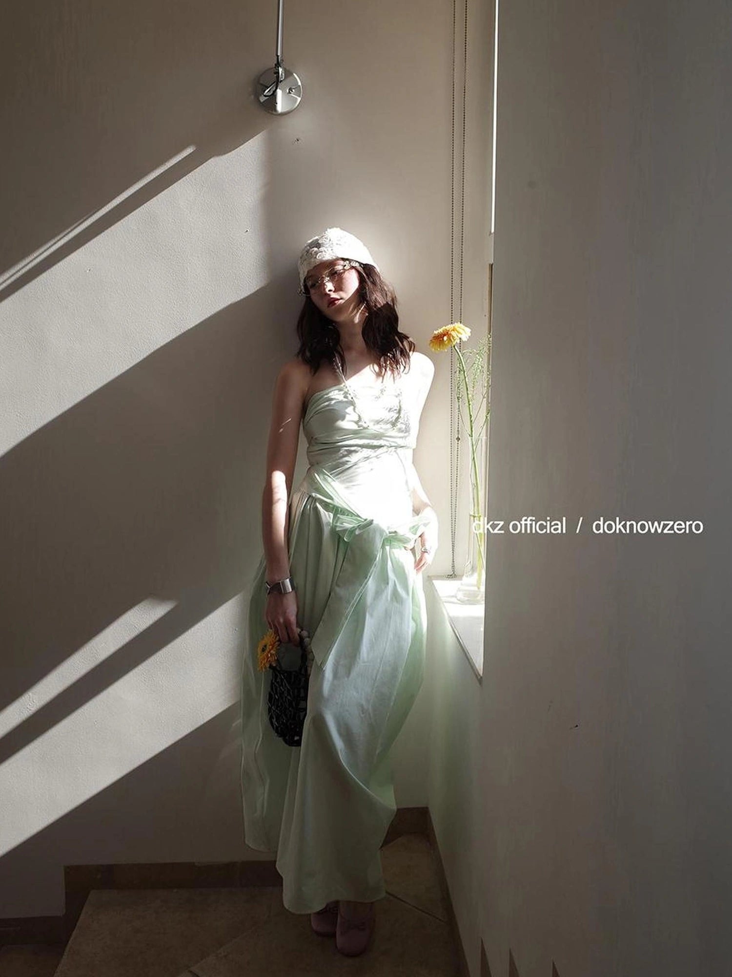 DKZ OFFICIAL Mint Wave Green Vacation Asymmetrical Ruffle Midi Dress