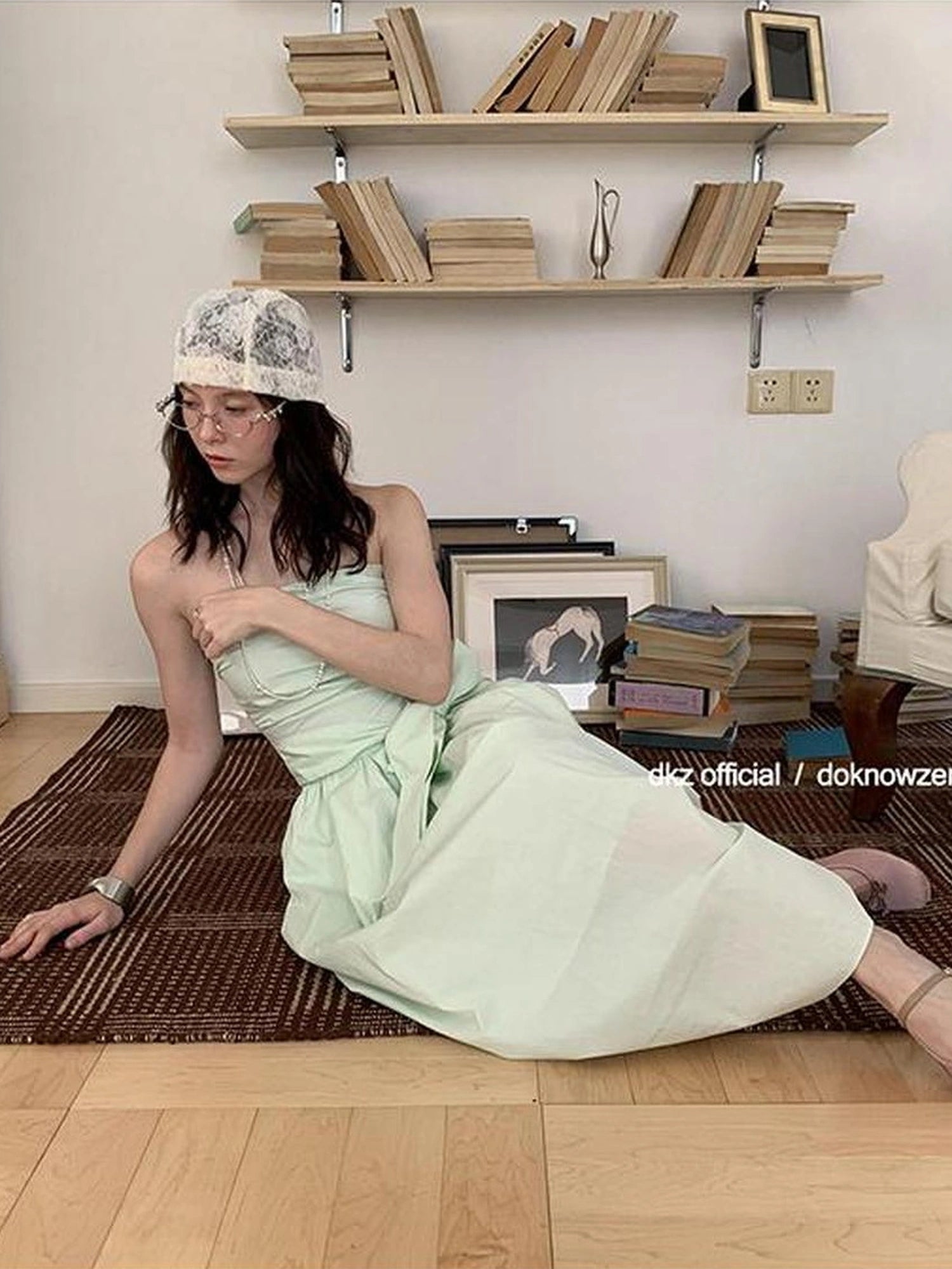 DKZ OFFICIAL Mint Wave Green Vacation Asymmetrical Ruffle Midi Dress