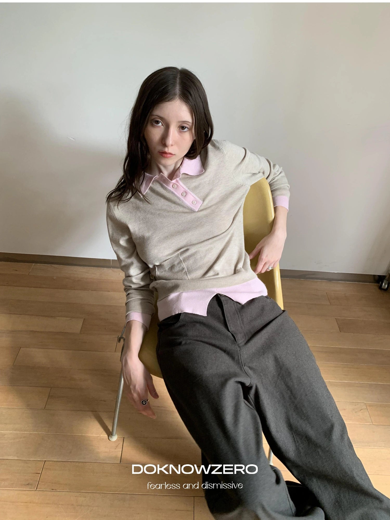Miu Style Slant Placket Knit Top V-neck T-shirt Long Sleeve
