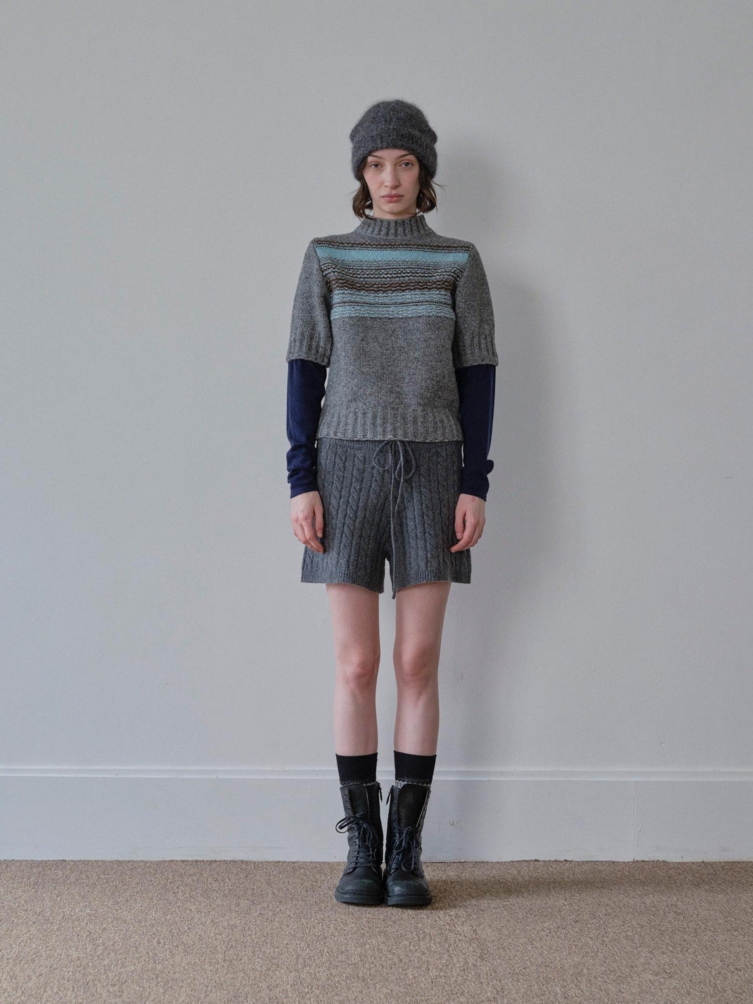 DKZ OFFICIAL Mock Neck Faux Layered Jacquard Striped Women&