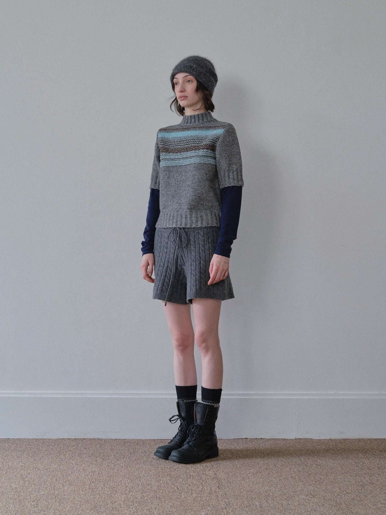 DKZ OFFICIAL Mock Neck Faux Layered Jacquard Striped Women&