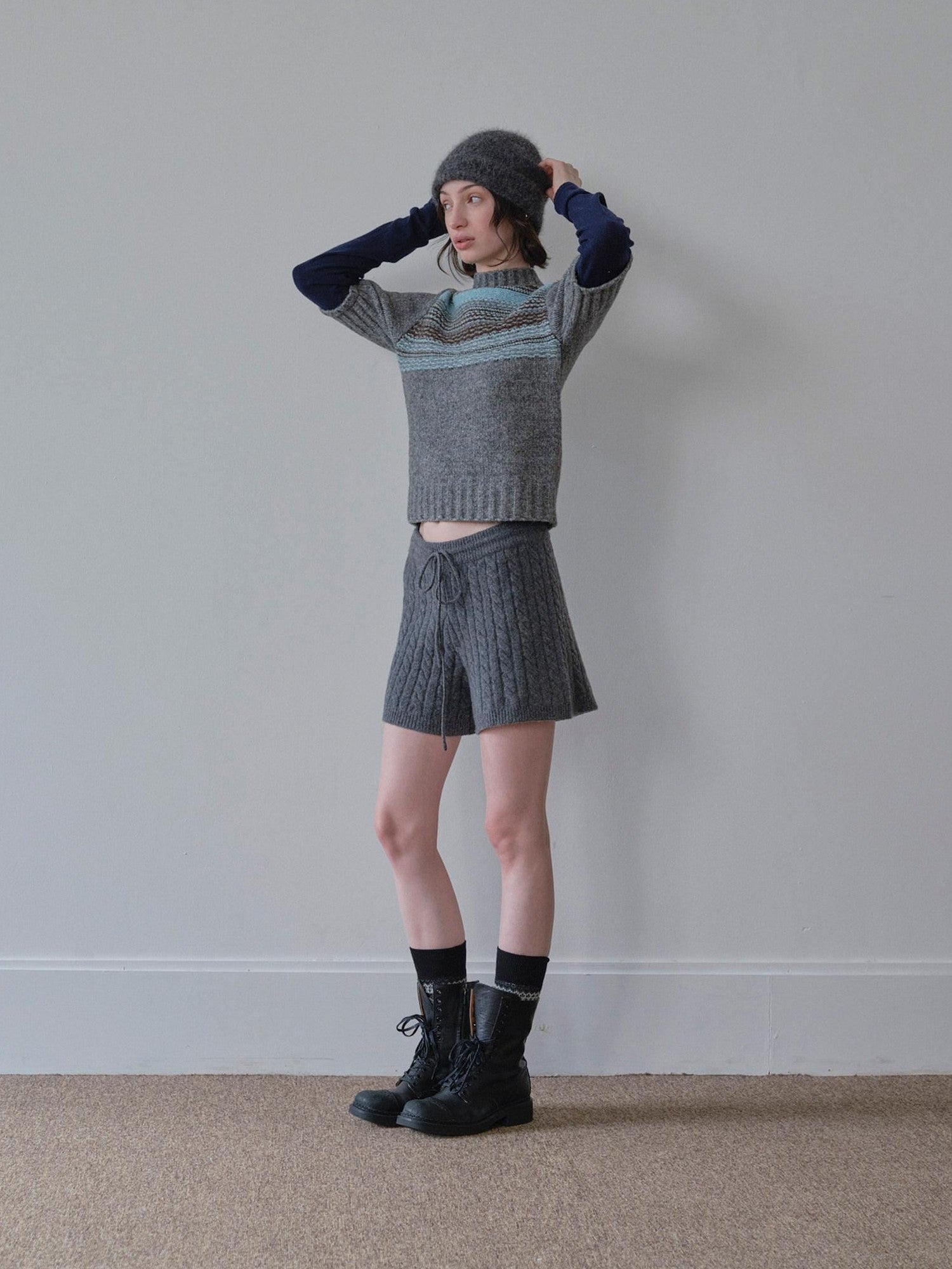 DKZ OFFICIAL Mock Neck Faux Layered Jacquard Striped Women&