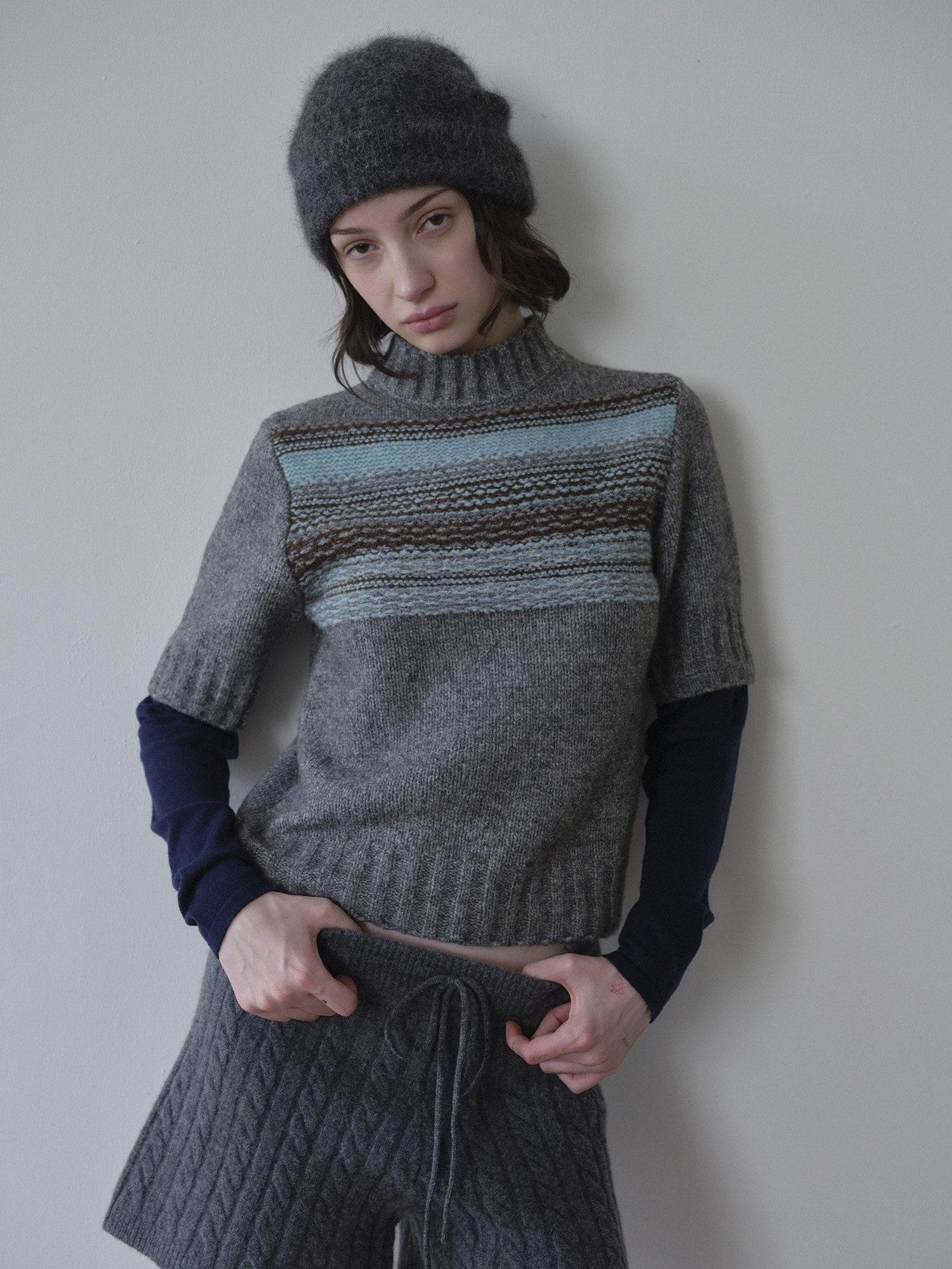 DKZ OFFICIAL Mock Neck Faux Layered Jacquard Striped Women&
