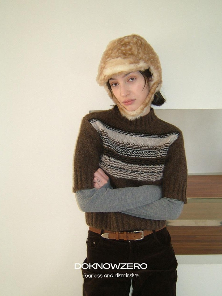 DKZ OFFICIAL Mock Neck Faux Layered Jacquard Striped Women&