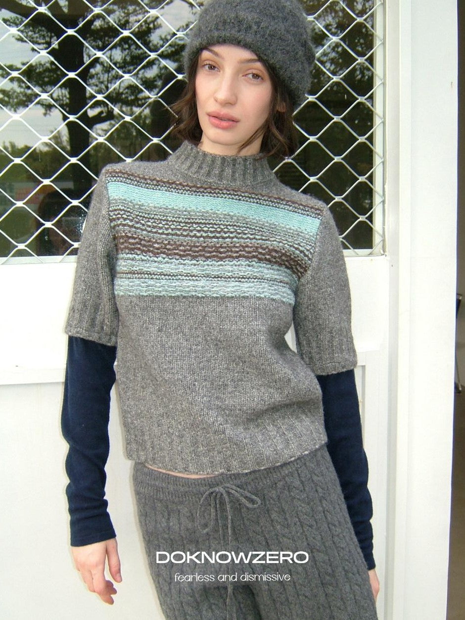 DKZ OFFICIAL Mock Neck Faux Layered Jacquard Striped Women&