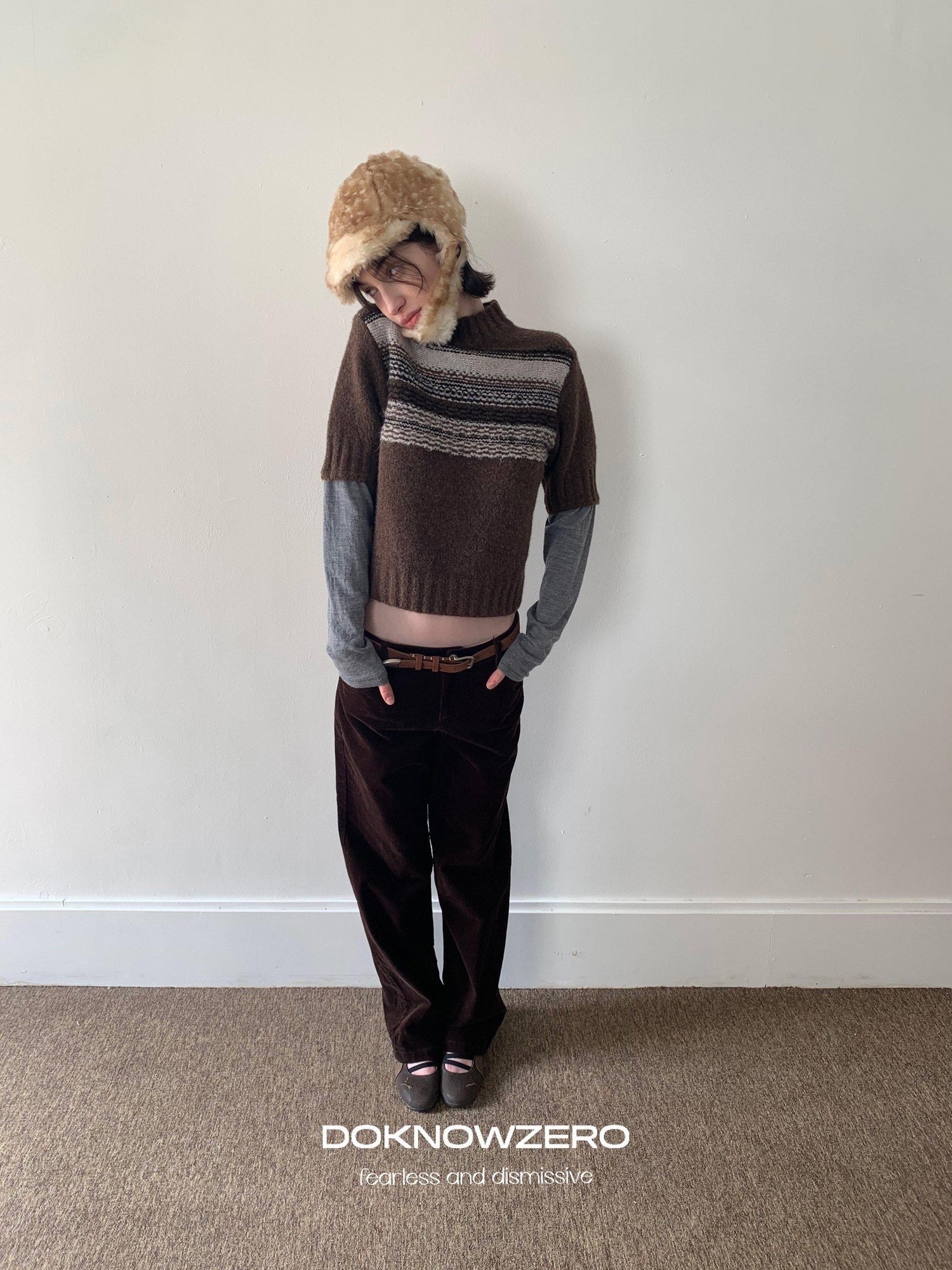 DKZ OFFICIAL Mock Neck Faux Layered Jacquard Striped Women&