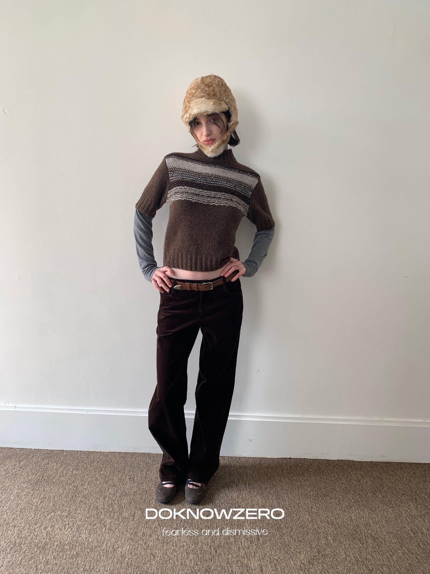 DKZ OFFICIAL Mock Neck Faux Layered Jacquard Striped Women&