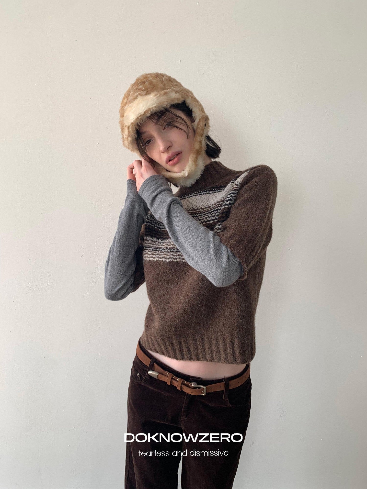 DKZ OFFICIAL Mock Neck Faux Layered Jacquard Striped Women&