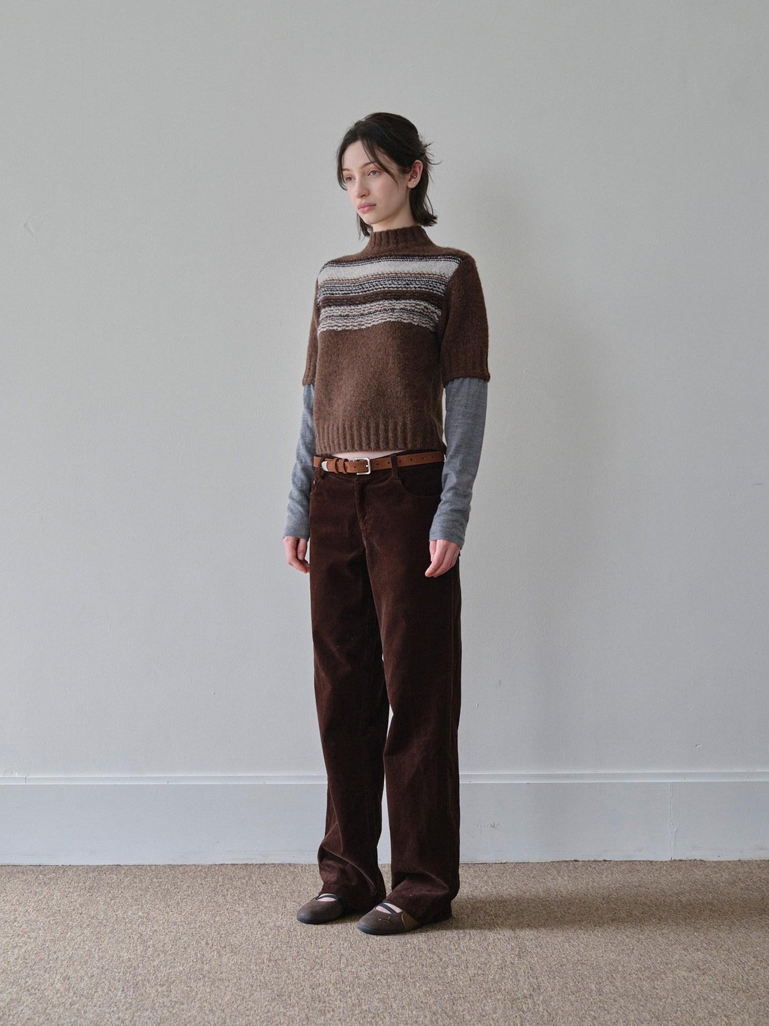 DKZ OFFICIAL Mock Neck Faux Layered Jacquard Striped Women&