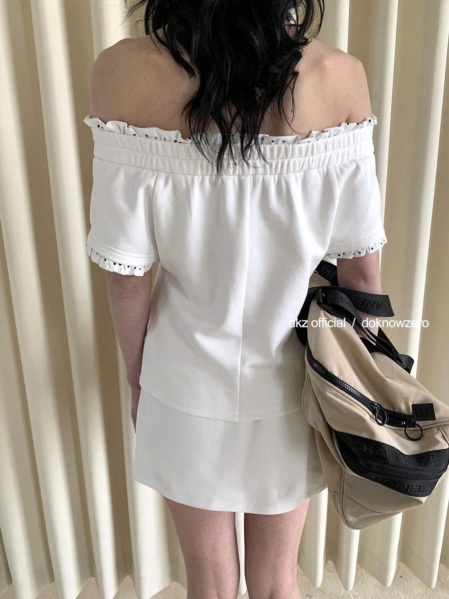 DKZ OFFICIAL Off Shoulder Polka Dot Flare Sleeve Top And Pocket Skirt Set