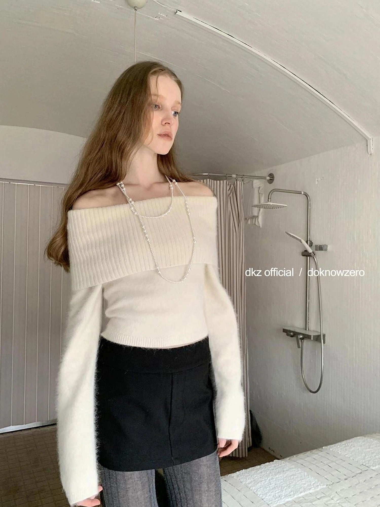 DKZ OFFICIAL One Shoulder Apricot Raccoon Wool Knit Sweater