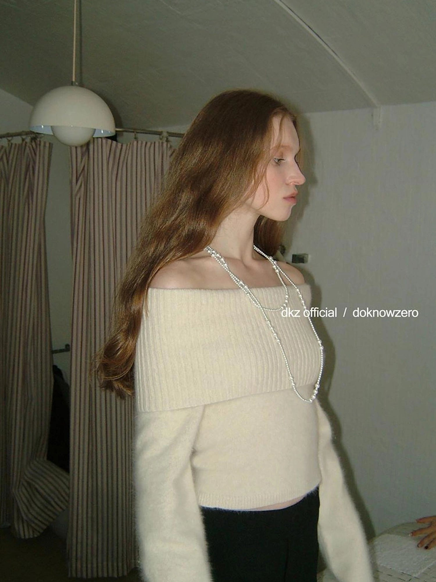 DKZ OFFICIAL One Shoulder Apricot Raccoon Wool Knit Sweater