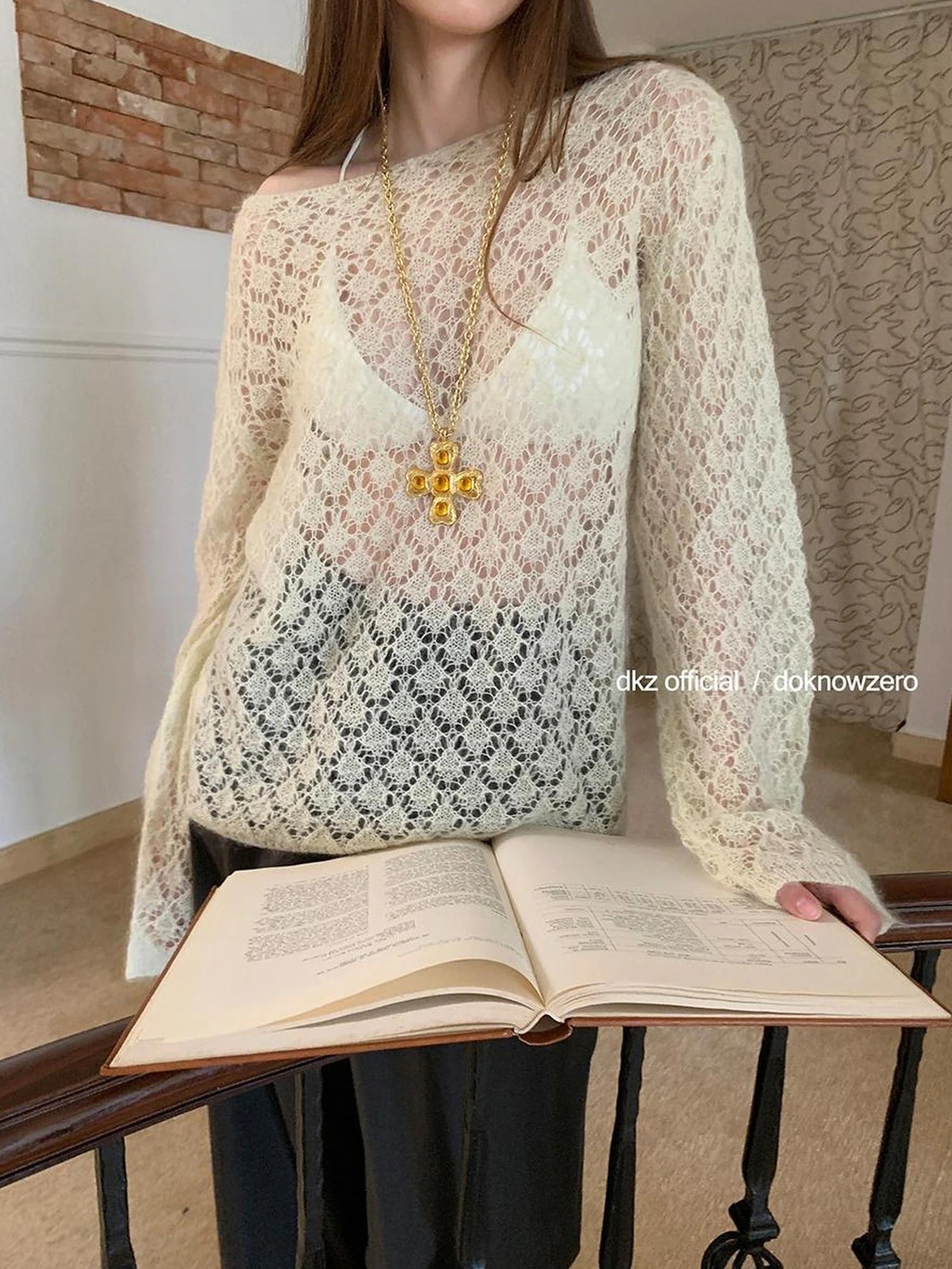 DKZ OFFICIAL Openwork Mohair Long Sleeve Knit Sweater