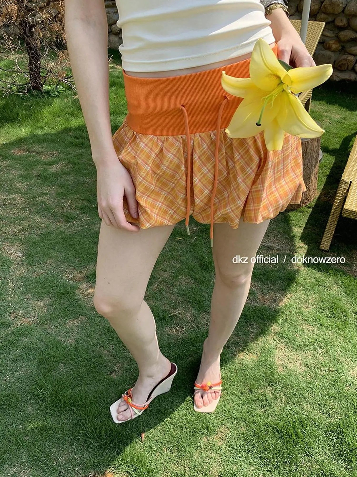 DKZ OFFICIAL Orange Plaid Drawstring Mini Skirt