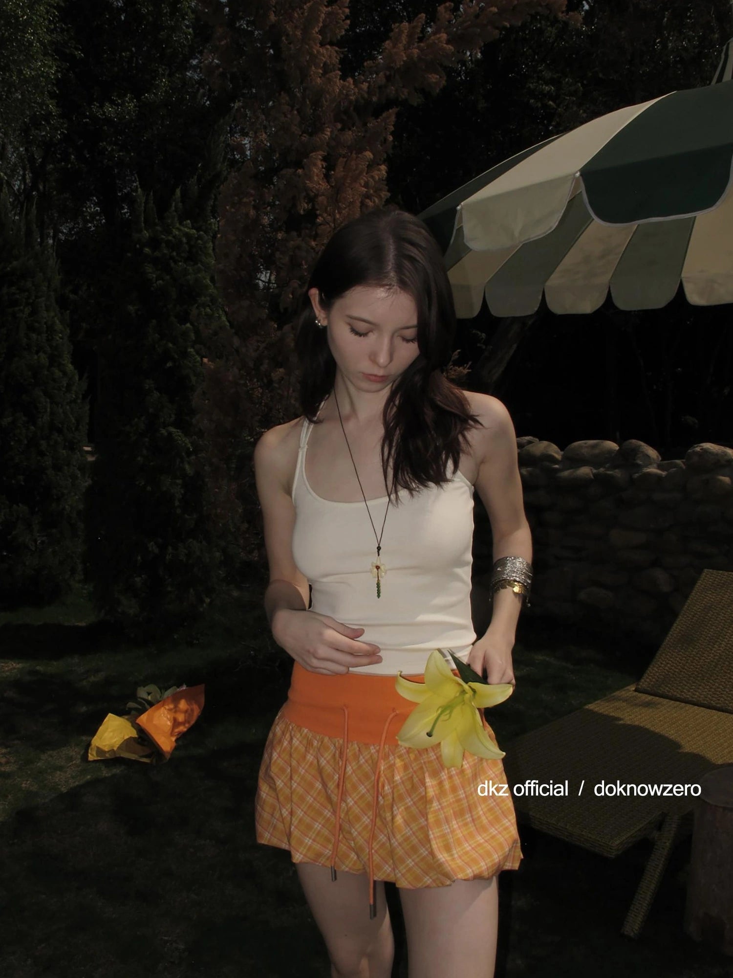 DKZ OFFICIAL Orange Plaid Drawstring Mini Skirt