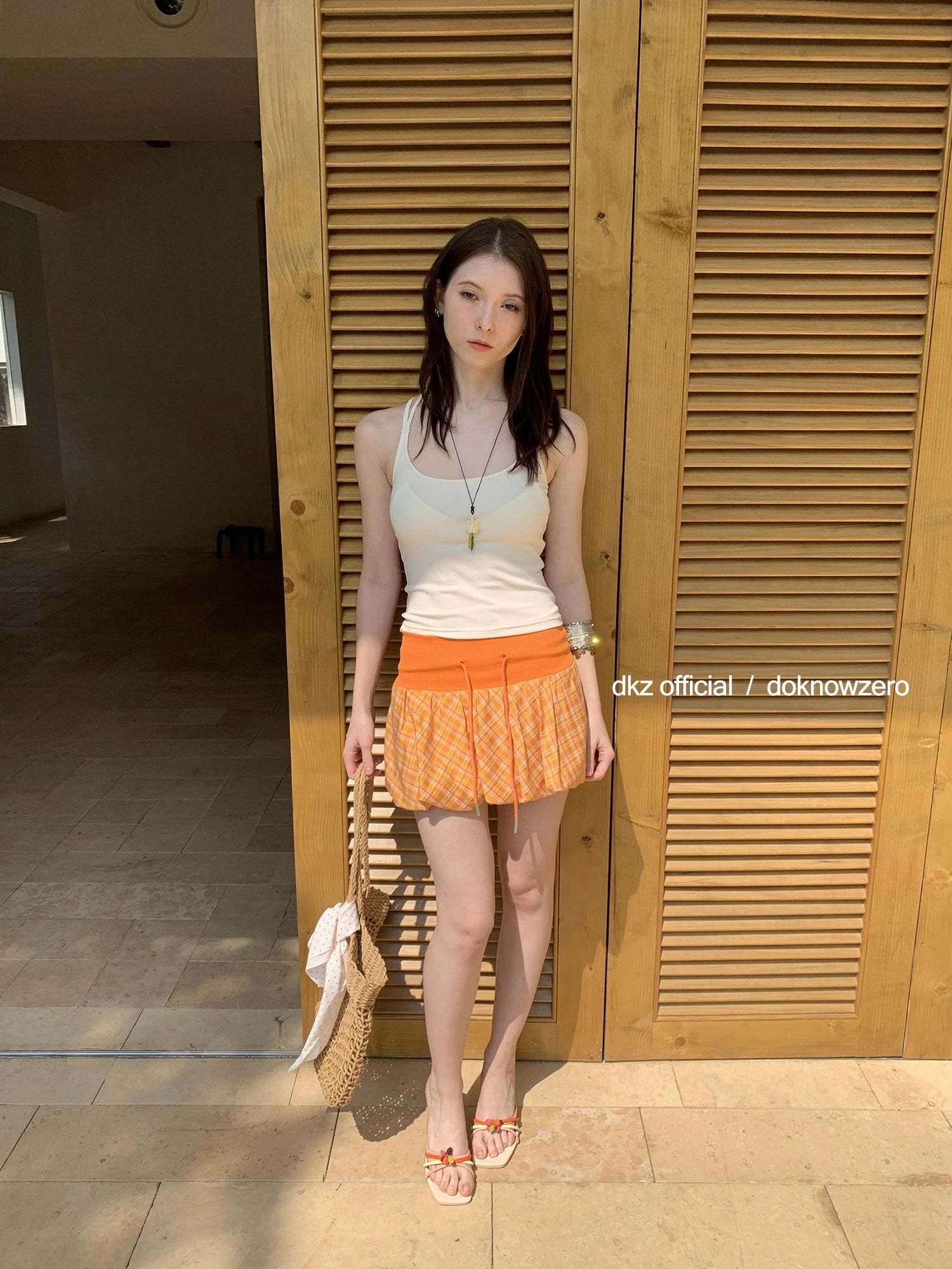 DKZ OFFICIAL Orange Plaid Drawstring Mini Skirt