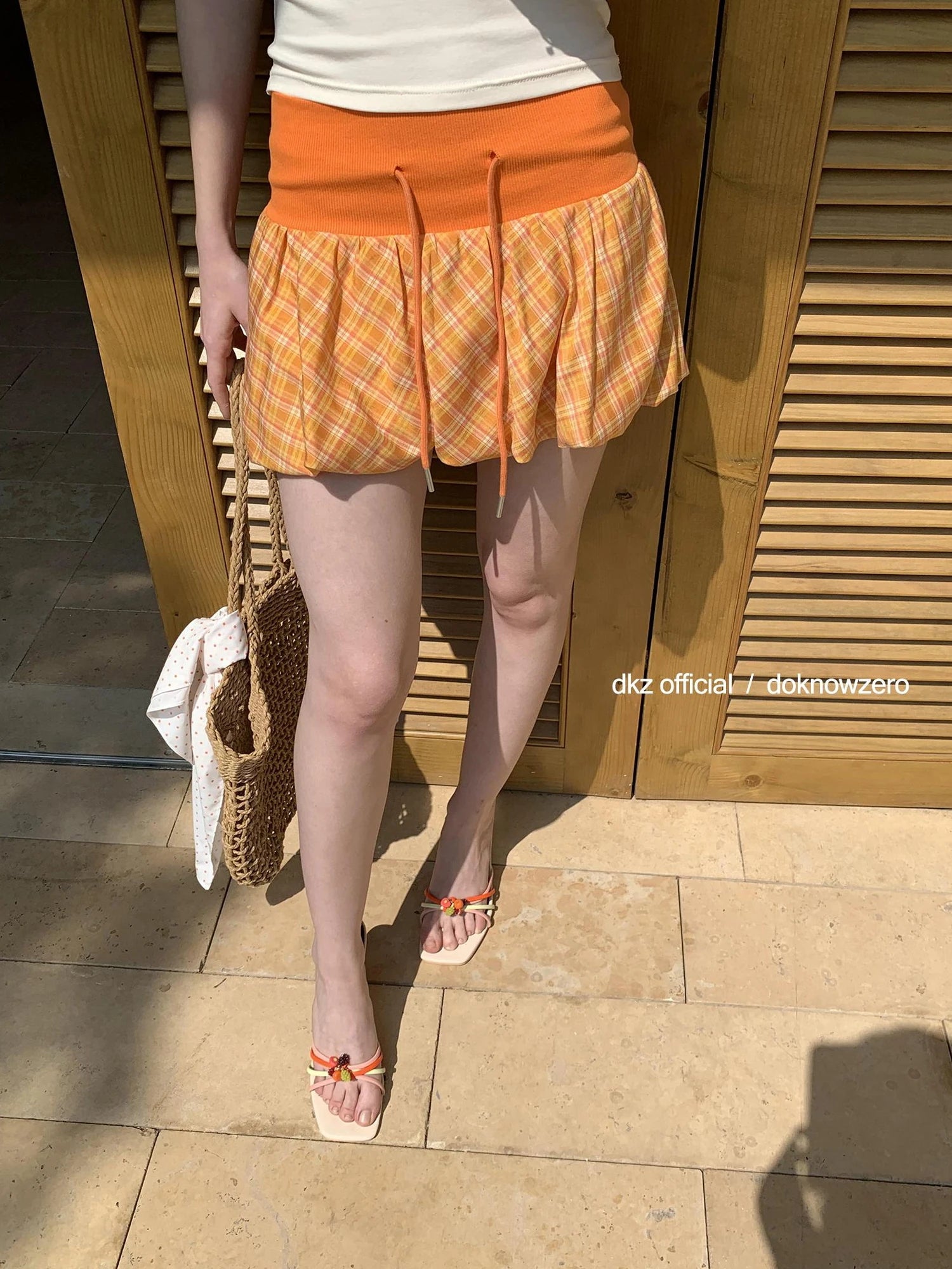 DKZ OFFICIAL Orange Plaid Drawstring Mini Skirt