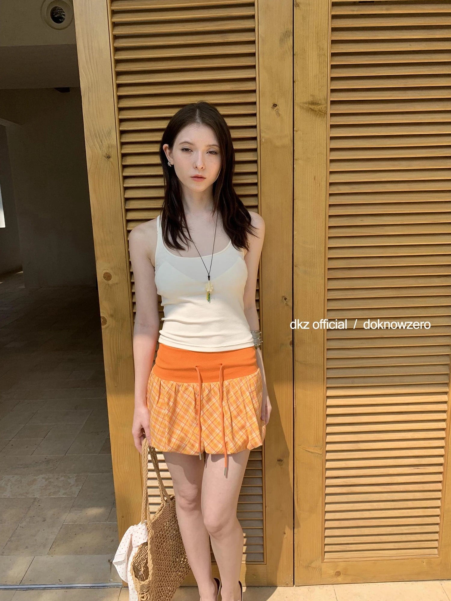 DKZ OFFICIAL Orange Plaid Drawstring Mini Skirt