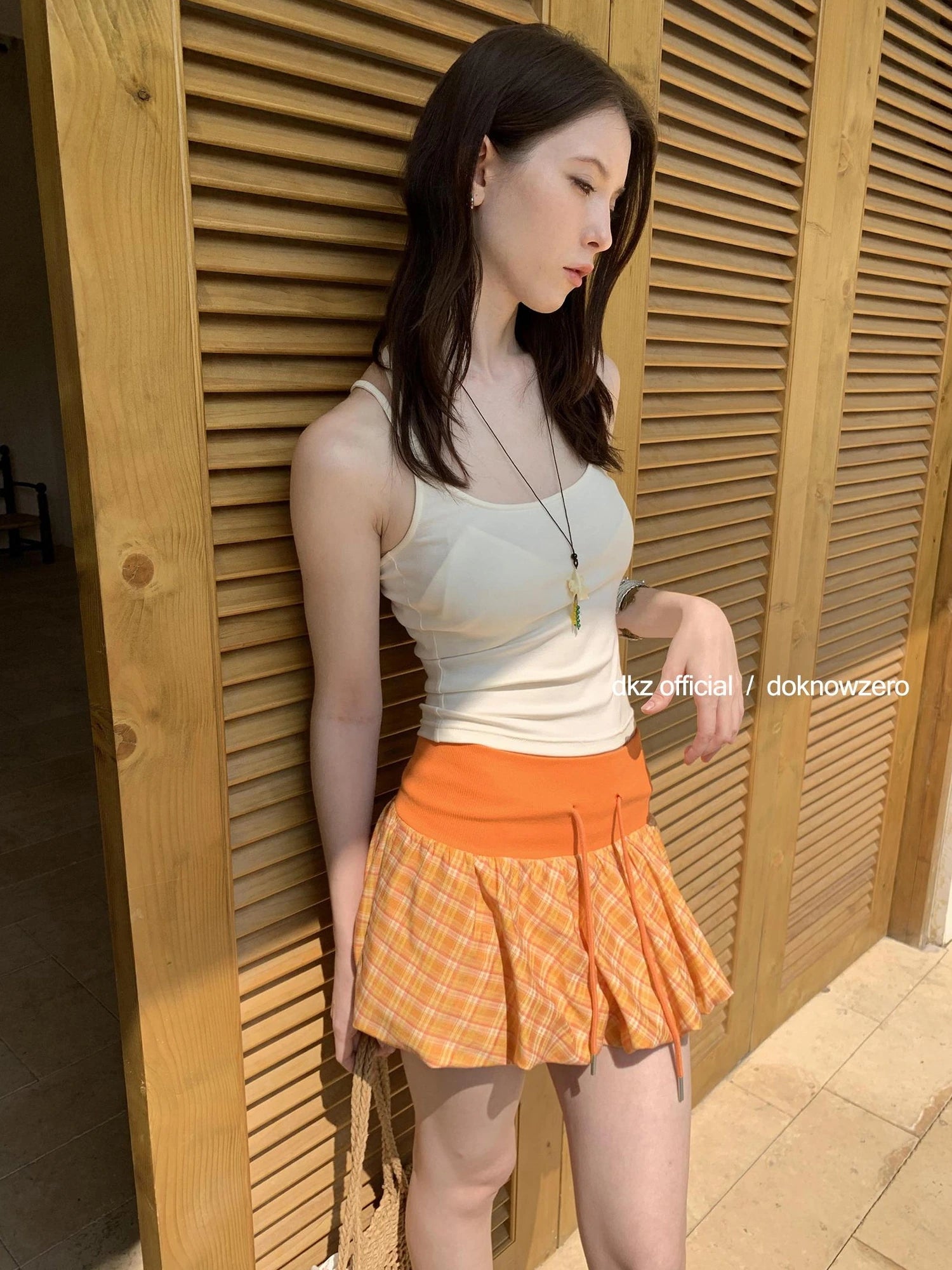 DKZ OFFICIAL Orange Plaid Drawstring Mini Skirt