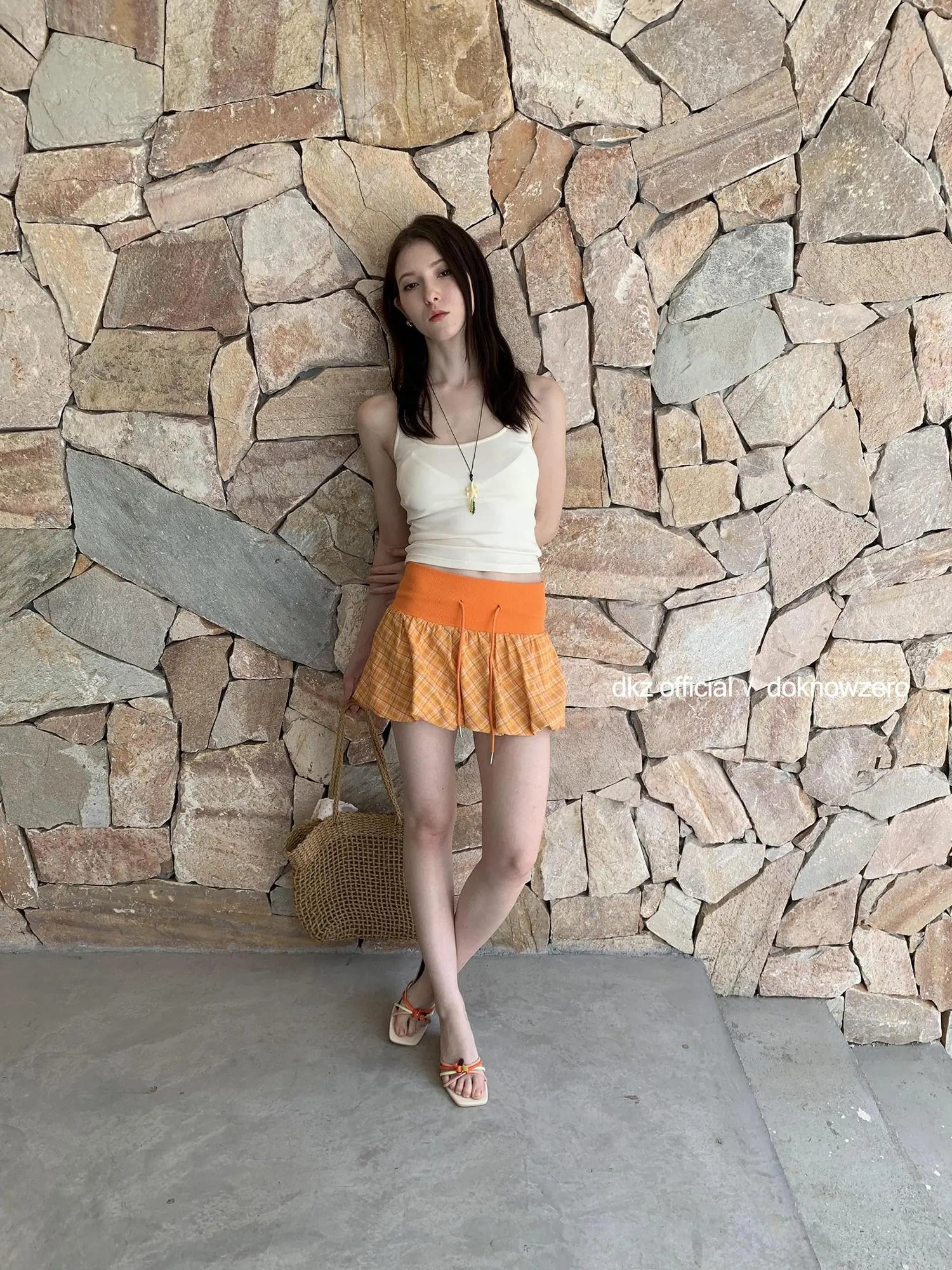 DKZ OFFICIAL Orange Plaid Drawstring Mini Skirt