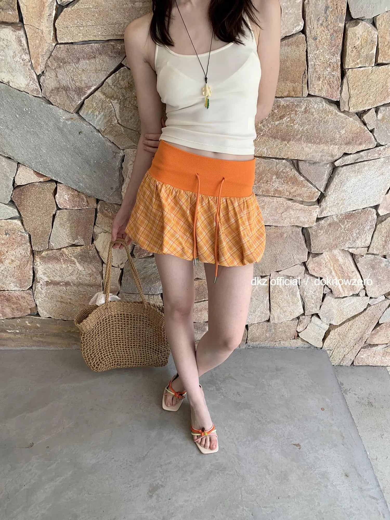 DKZ OFFICIAL Orange Plaid Drawstring Mini Skirt