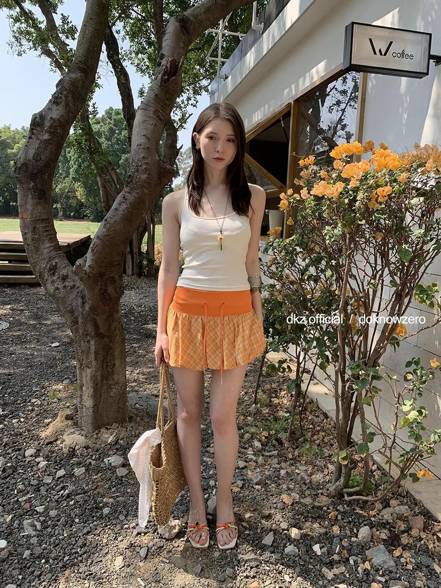 DKZ OFFICIAL Orange Plaid Drawstring Mini Skirt